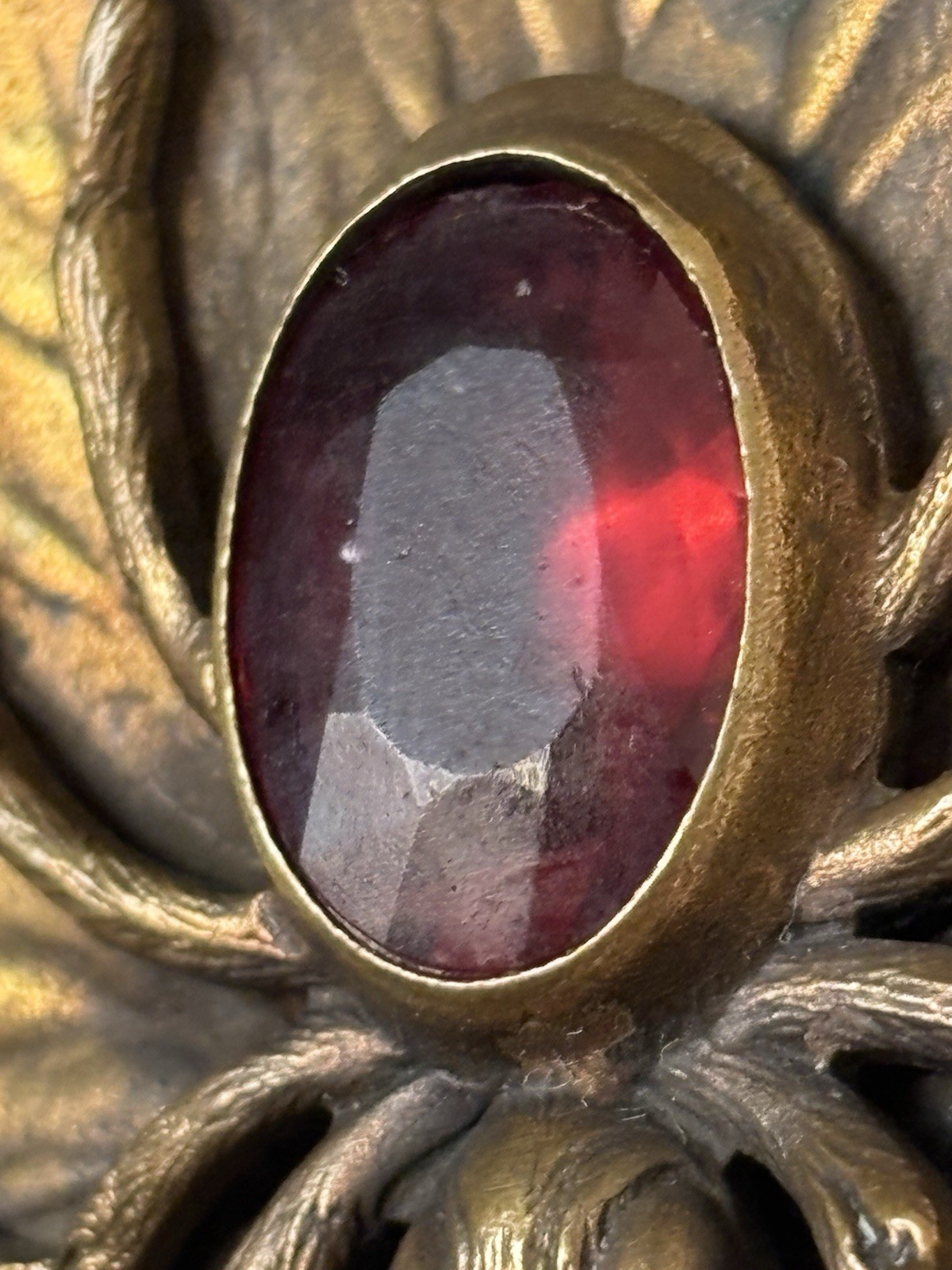 Antique Art Nouveau Brass Spider Ruby Red Rhinestone Belt Buckle