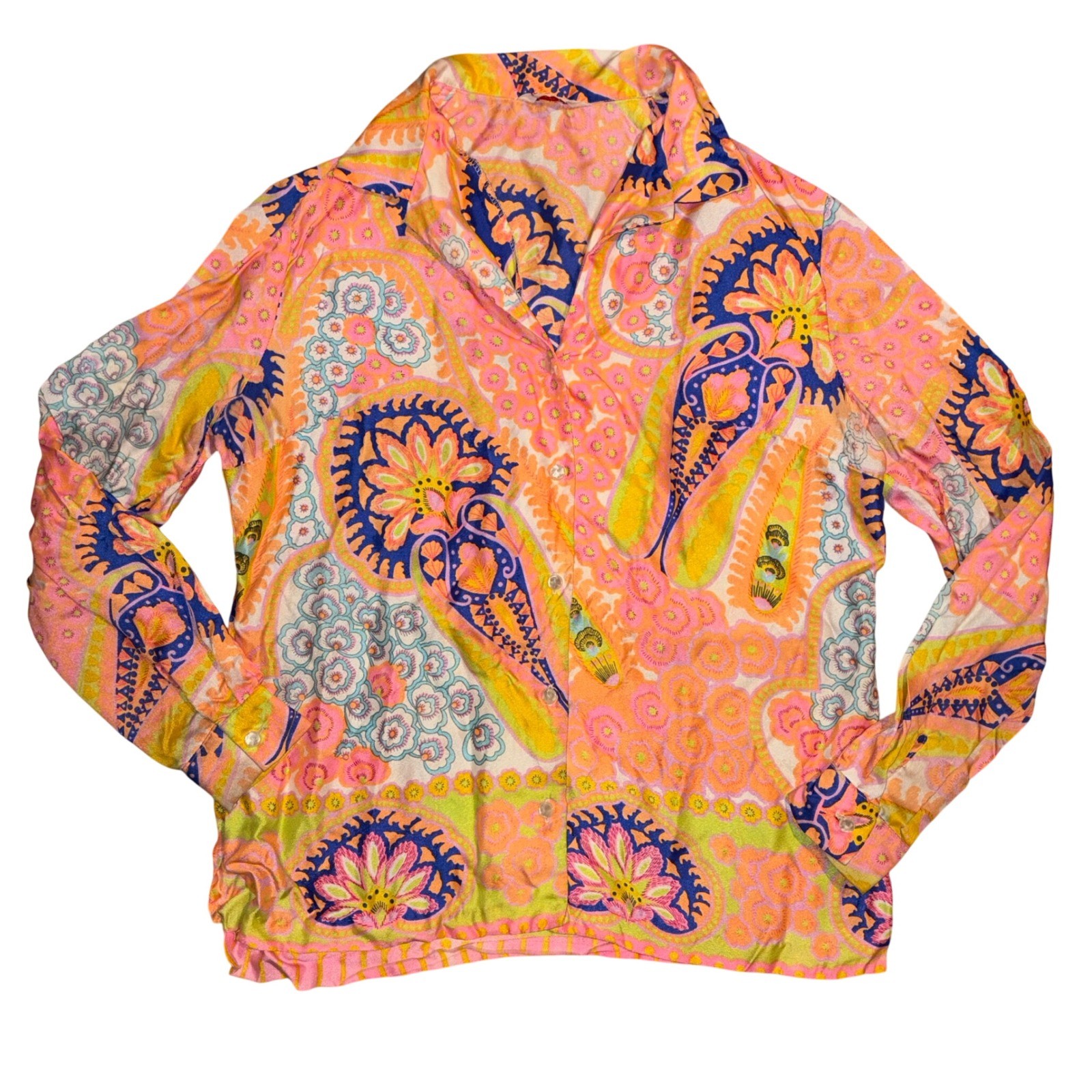 Vintage 70s Pykettes Womens Psychedelic Paisley Floral Button Down Blouse Pink