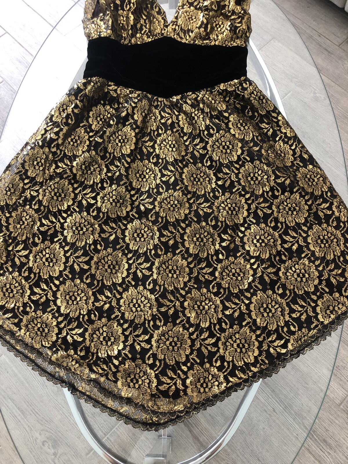 ✨True Vintage Metallic Gold Lace Black Velvet Waist 80s New Leaf by Samir Dress✨