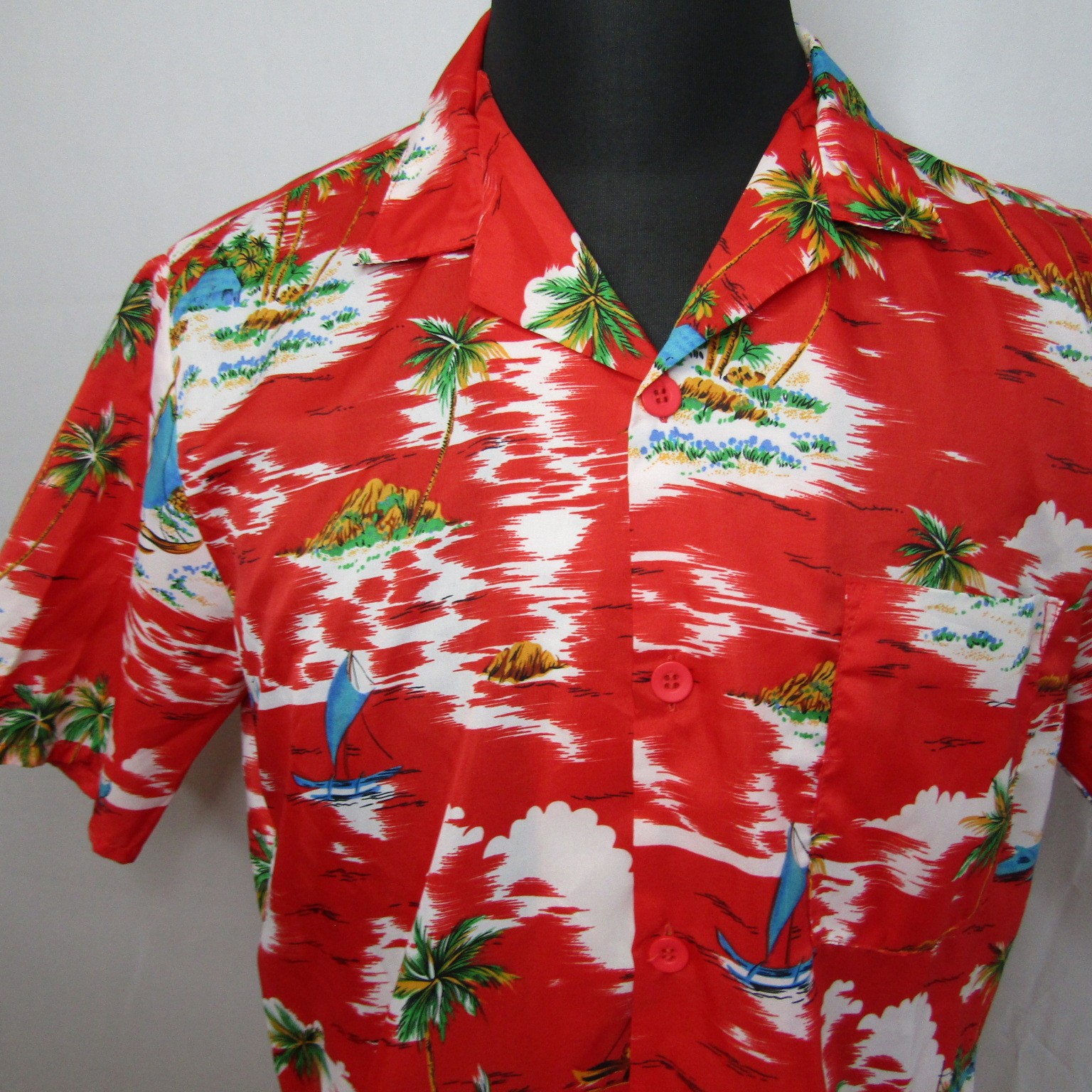 Vintage Islander Mens Red Hawaiian Aloha Shirt Tropical Palm Tree Beach L 70’s