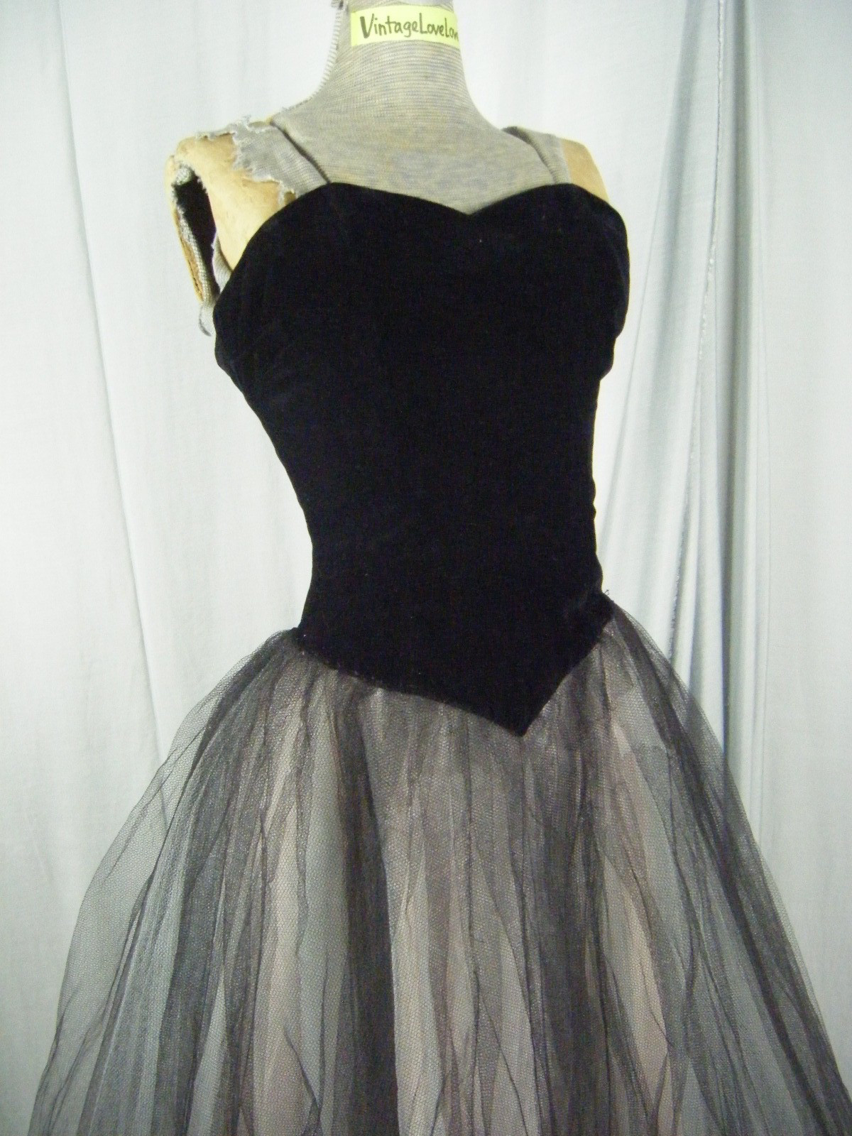 Vtg 50s Black Velvet Strapless Tulle Party Dress-Bust 30/3XS-2XS, AS-IS