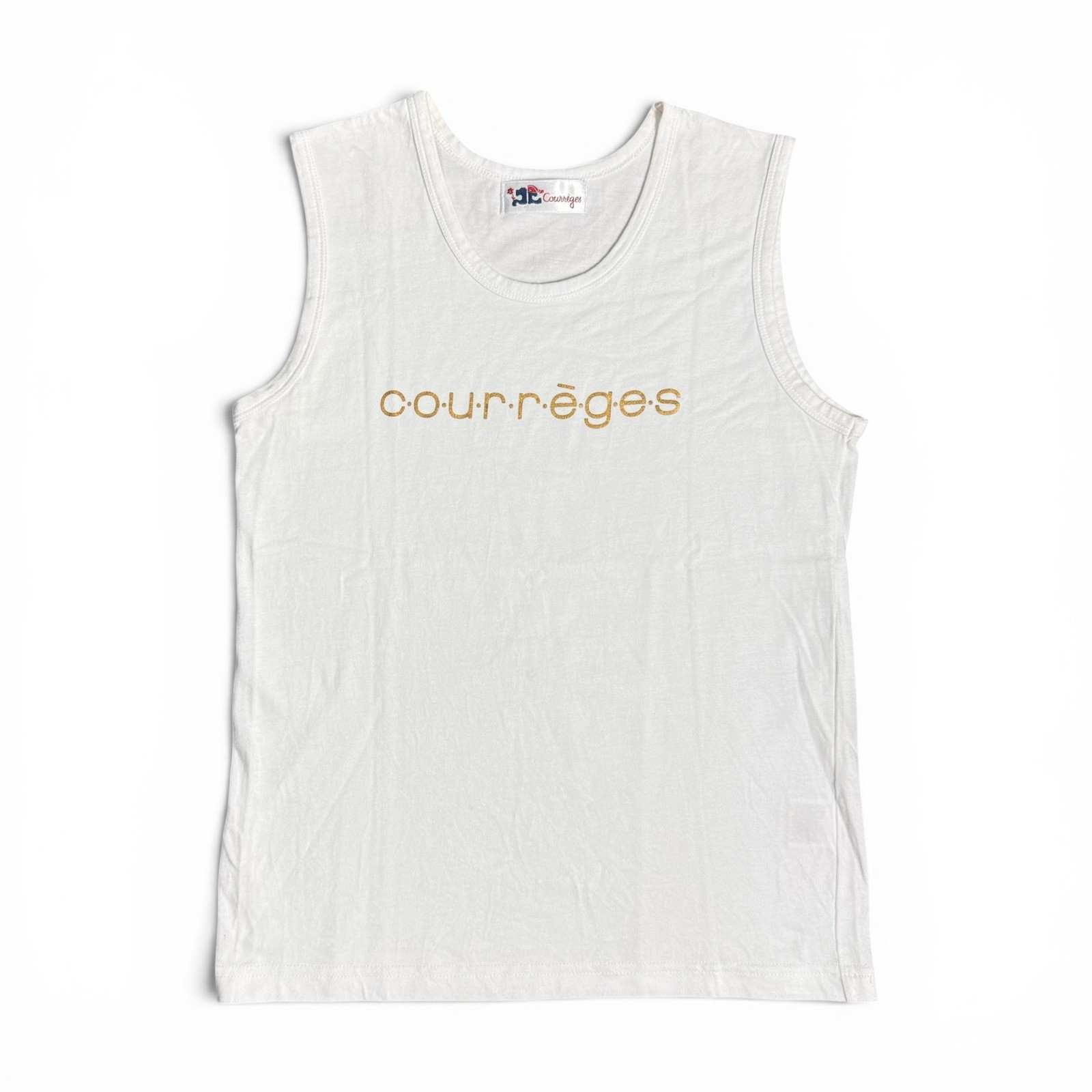 Vintage Courreges Paris White Gold Glitter Logo Knit Tank Top Sleeveless Shirt