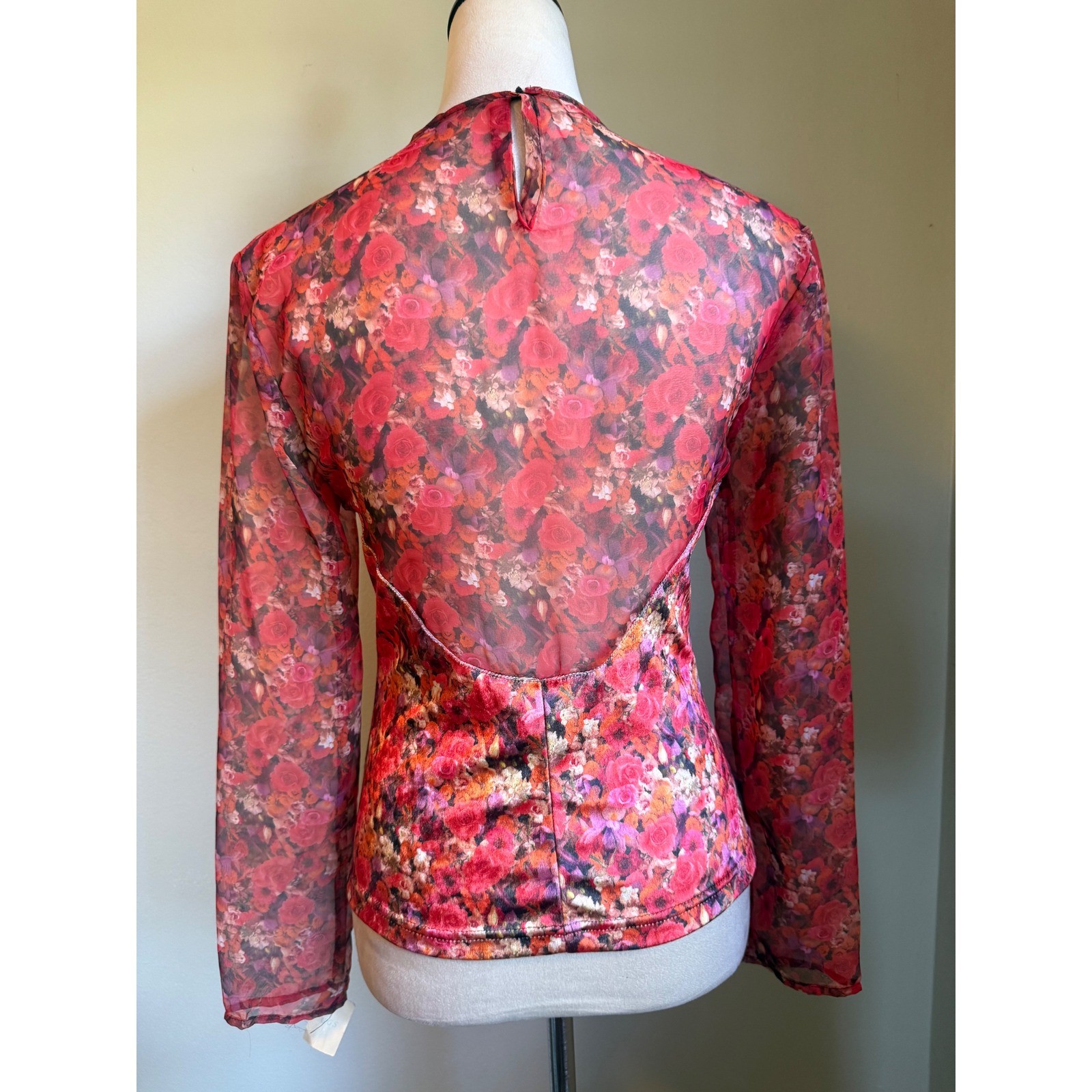 Vintage Yes Clothing Red Floral Mesh Velvet y2k whimsi boho dainty Top M NWT