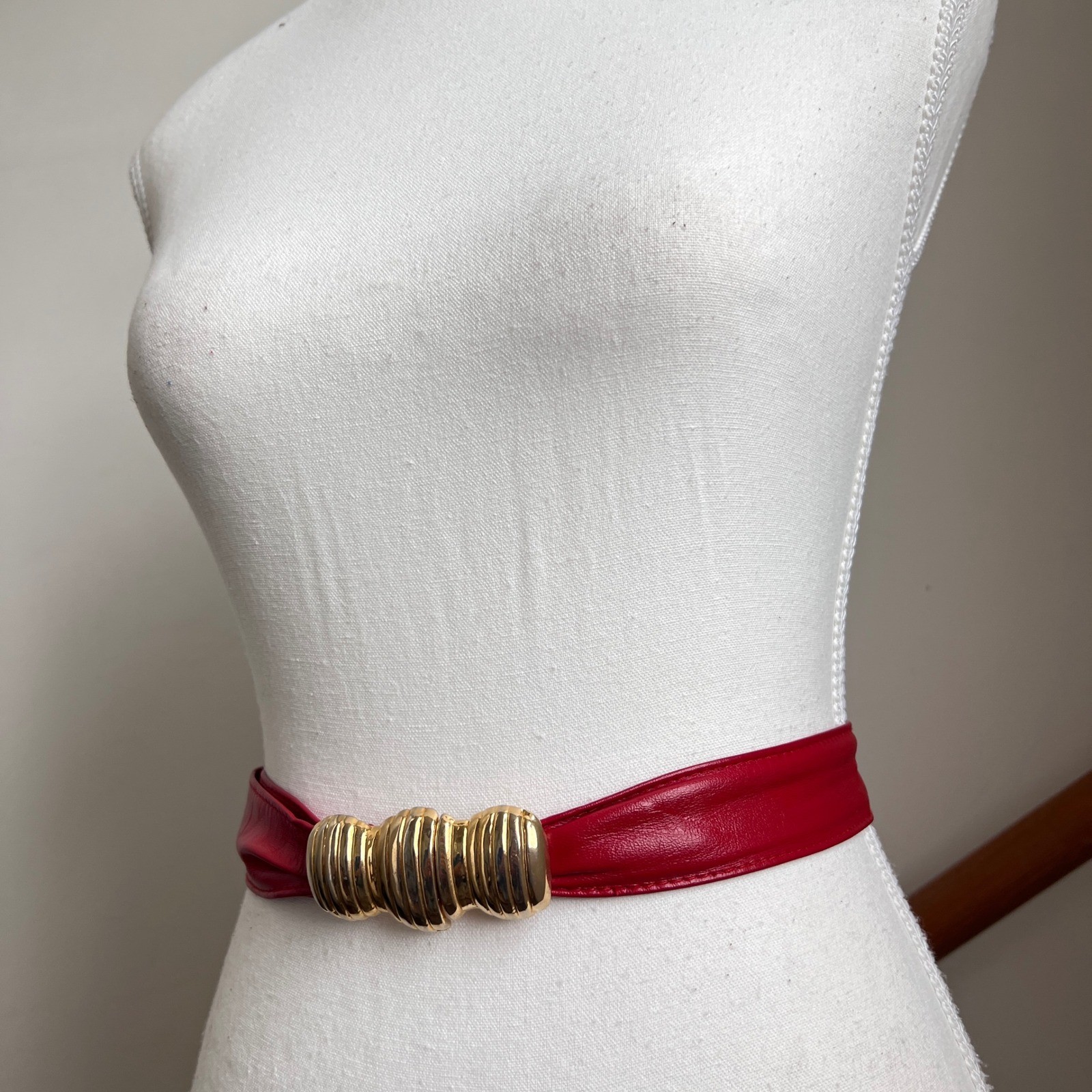 Vintage 80s Belt Cherry Red Leather Gold Buckle Cinch Waist Retro Statement Glam