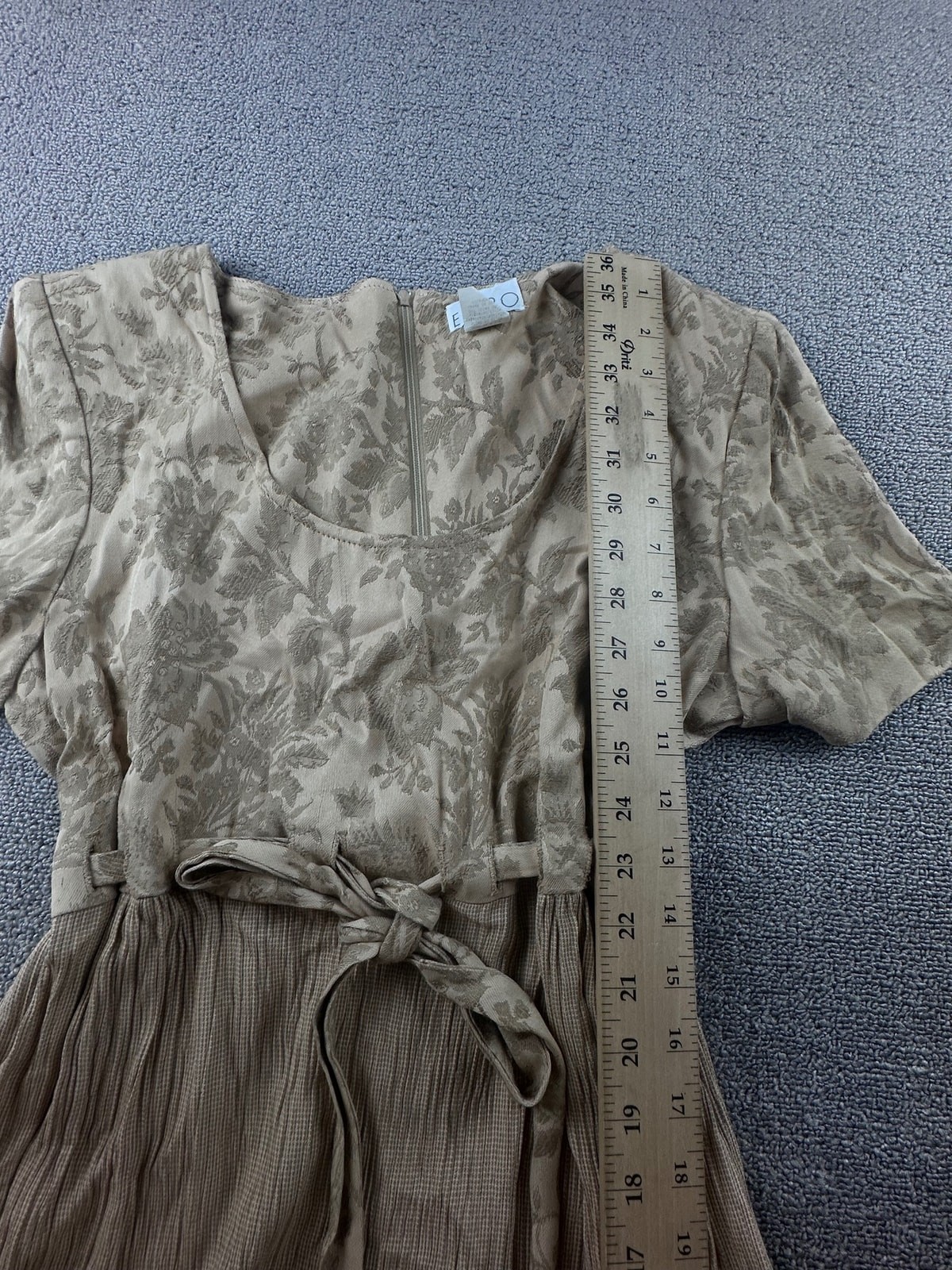 Vintage EXPO Maxi Dress Women 10 Tan Floral Belted Short Sleeve USA Cottagecore