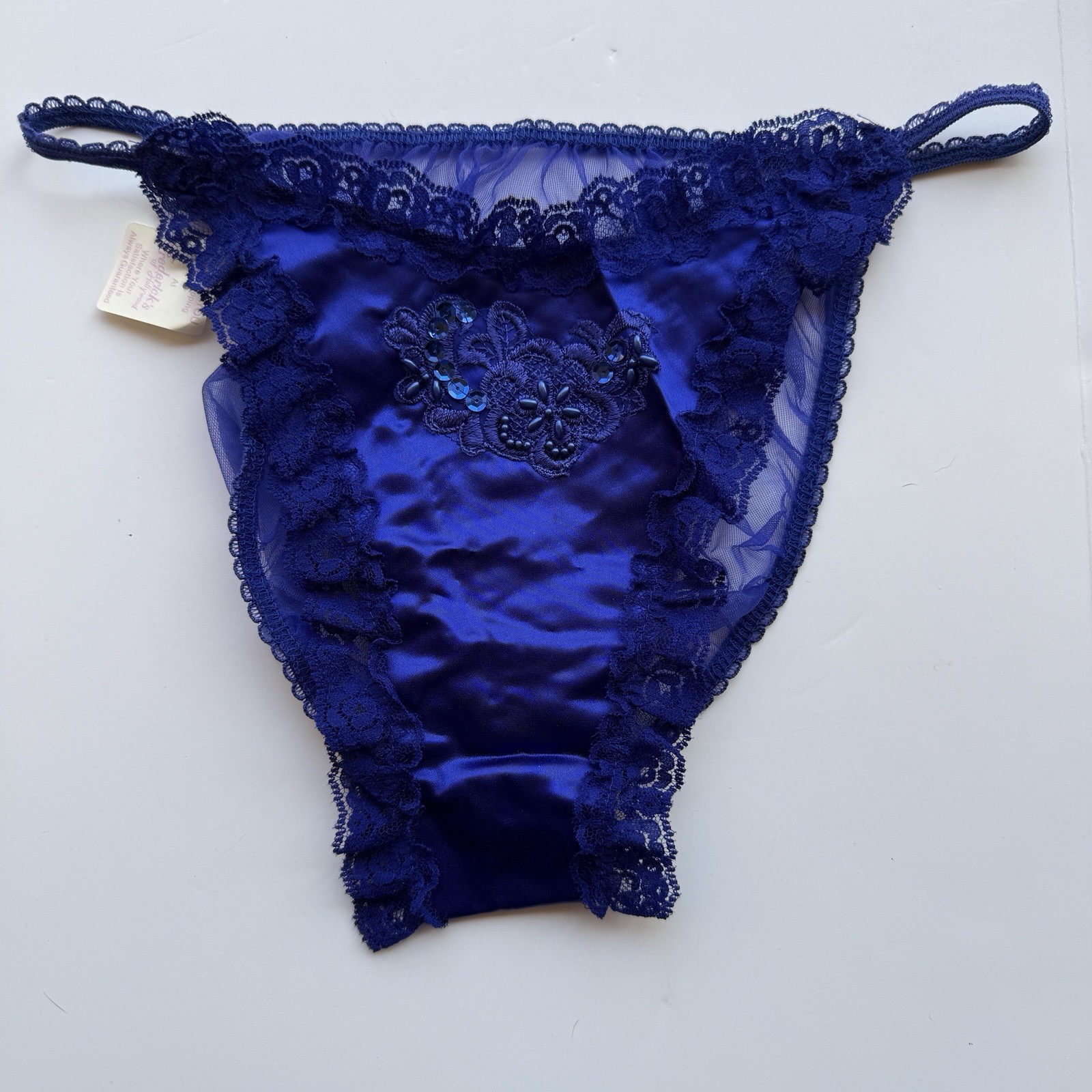 VTG Fredericks Of Hollywood Blue String Bikini Panties Large Beads Lace Satin
