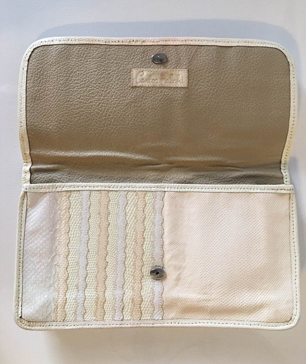 Vintage CARLOS FALCHI Patchwork Clutch Purse Cream Snakeskin Lizard Leather USA