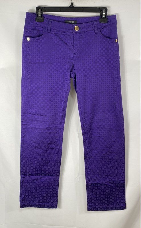 Vintage 90s Versace Women’s Purple Jacquard Logo Low Rise Pants Made in Italy 28