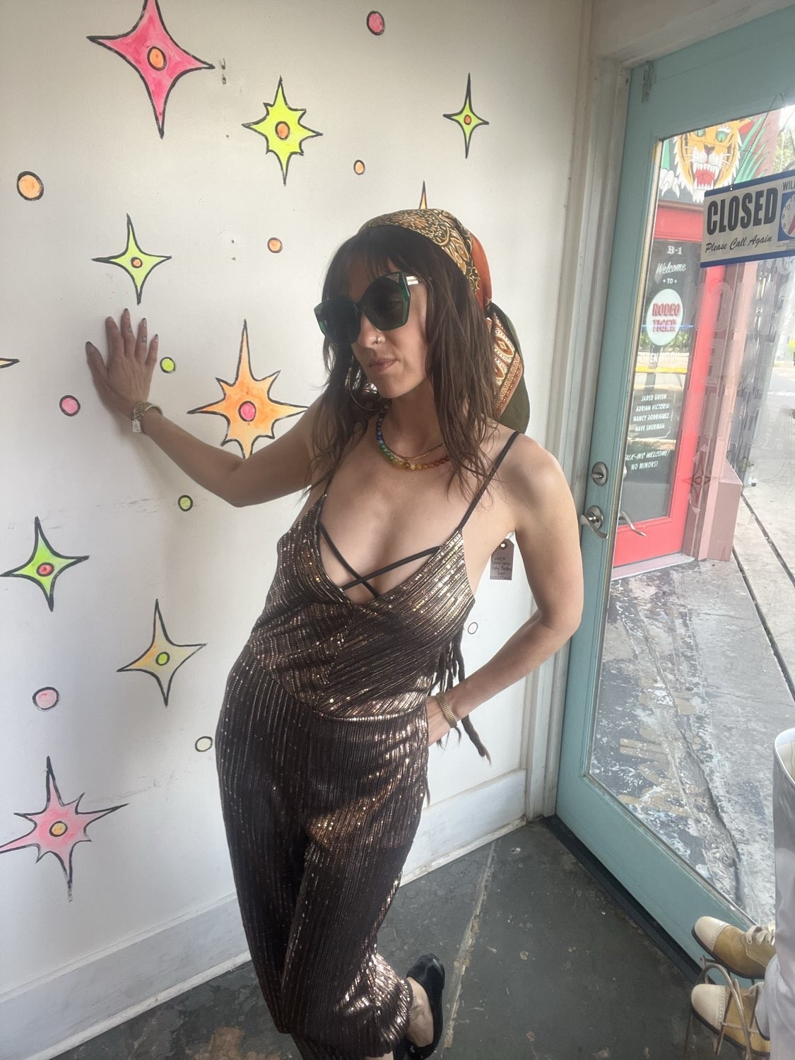 Metallic Gold Y2K Does 70s Disco Wide Leg Party Jumpsuit Retro Clubwear S/M