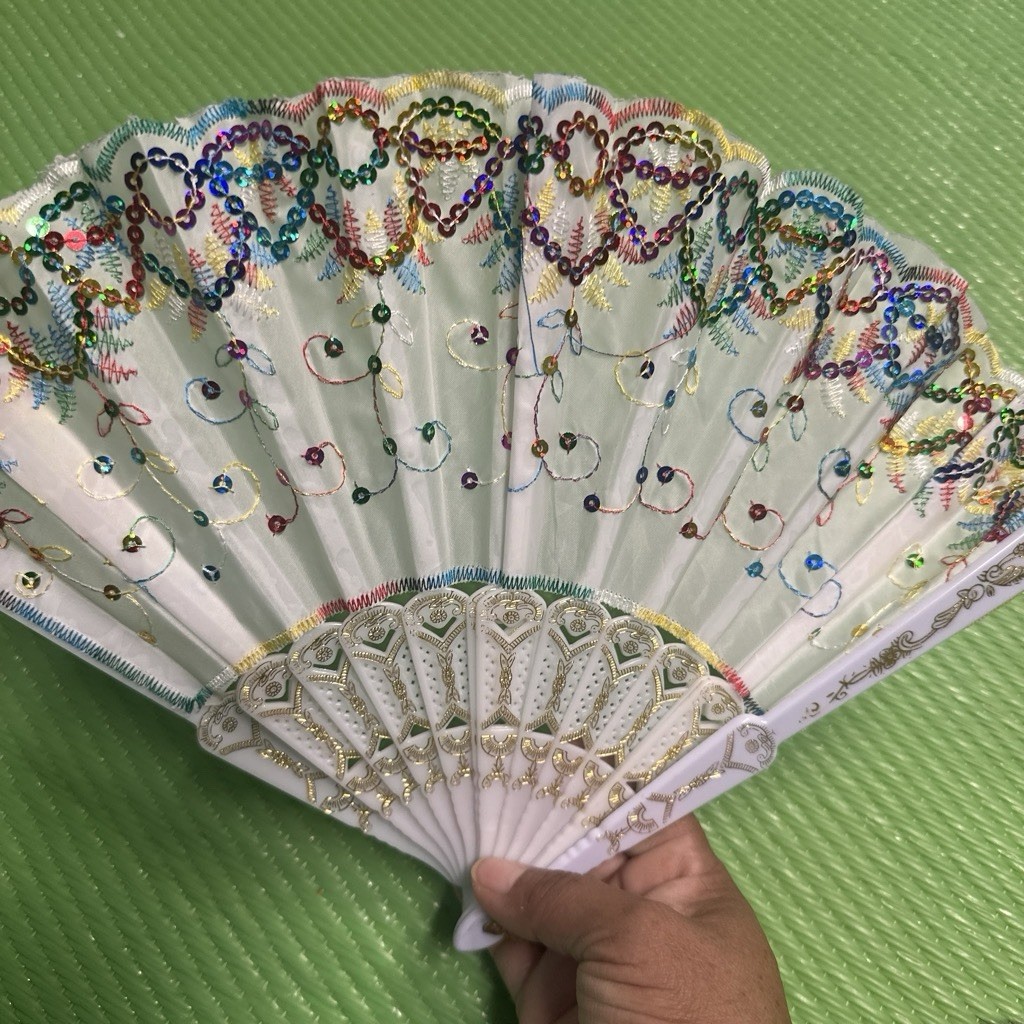 White Folding Hand Fan Multicolor Sequin Embroidery Gold Trim Floral Design