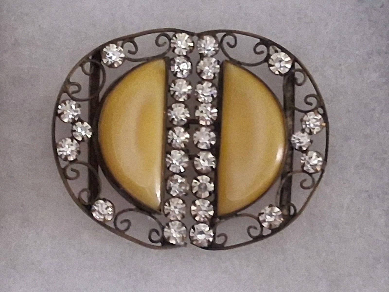 Antique Czechoslovakia belt buckle, yellow bohemian glass & crystals, filigree