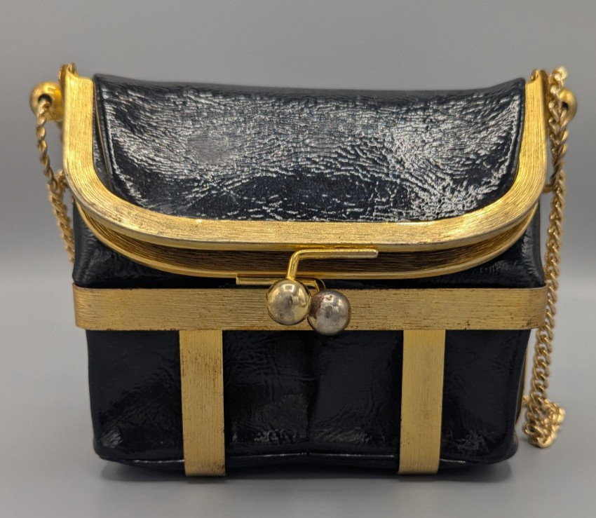 Vintage Rosenfeld Black Vinyl Purse with Gold Toned Cage Shell – Made in France