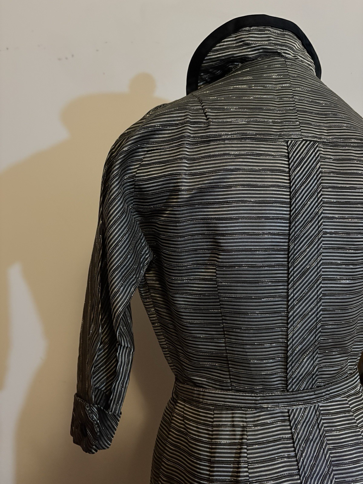 Vintage 1950s Women’s Black & Silver Striped Button Up Dress Dolman Sleeves