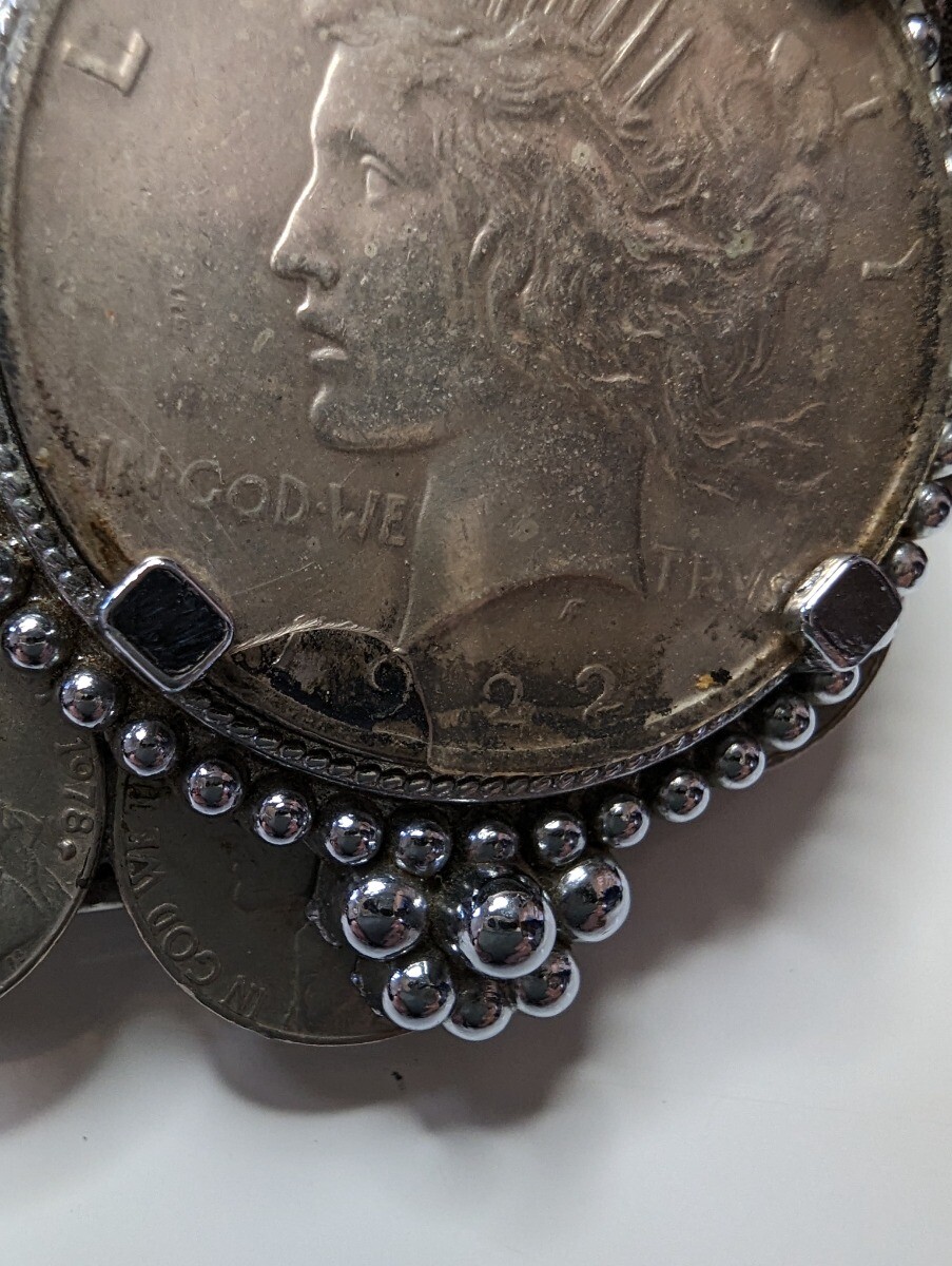 Silver Peace Dollar Belt Buckle and Leather Belt with Silver Accents 40 Inches