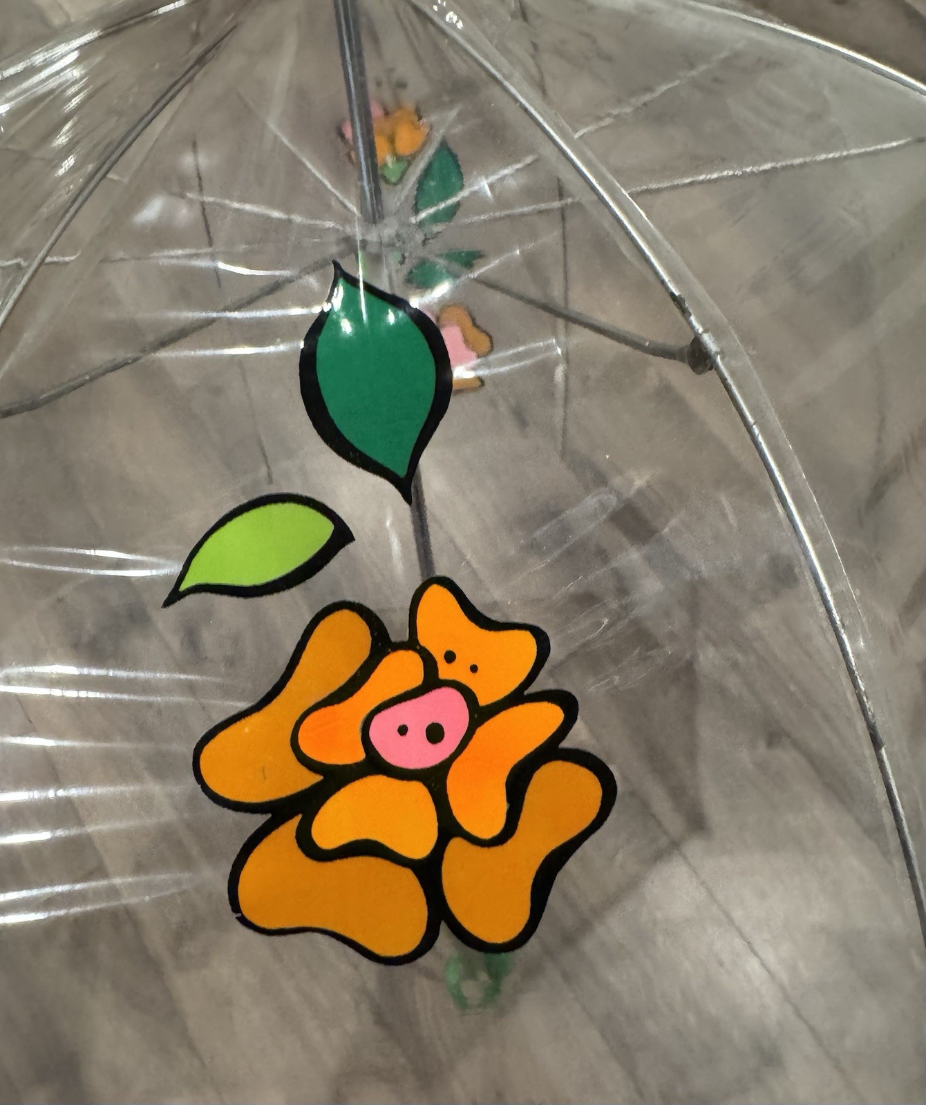 Vintage 70’s Dome Bubble Rain Umbrella Clear Vinyl MOD Flowers 28″D X 31″Handle