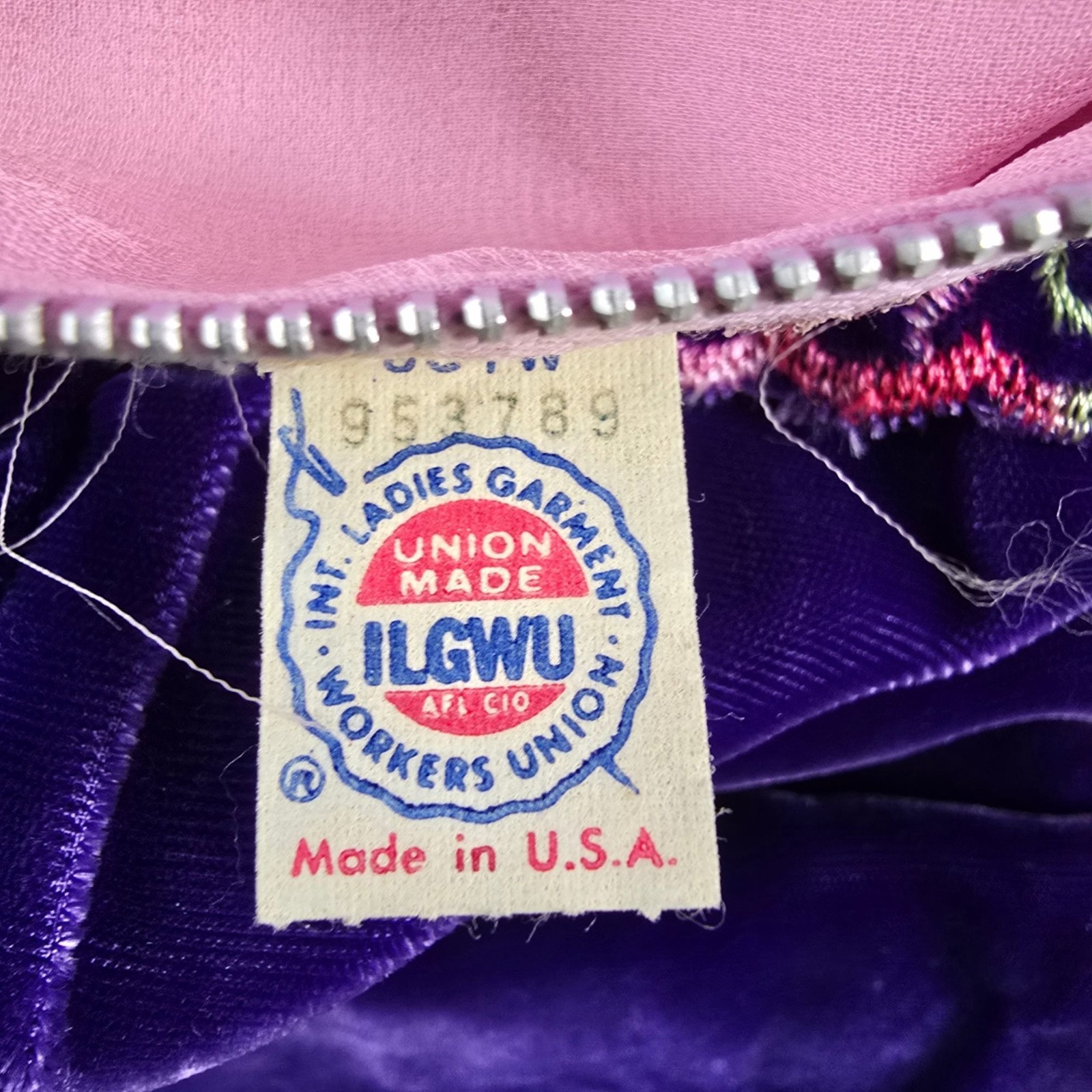 Distressed Vintage 1970s Pink Chiffon/Purple Velvet Metal Zip Empire Dress (XS)