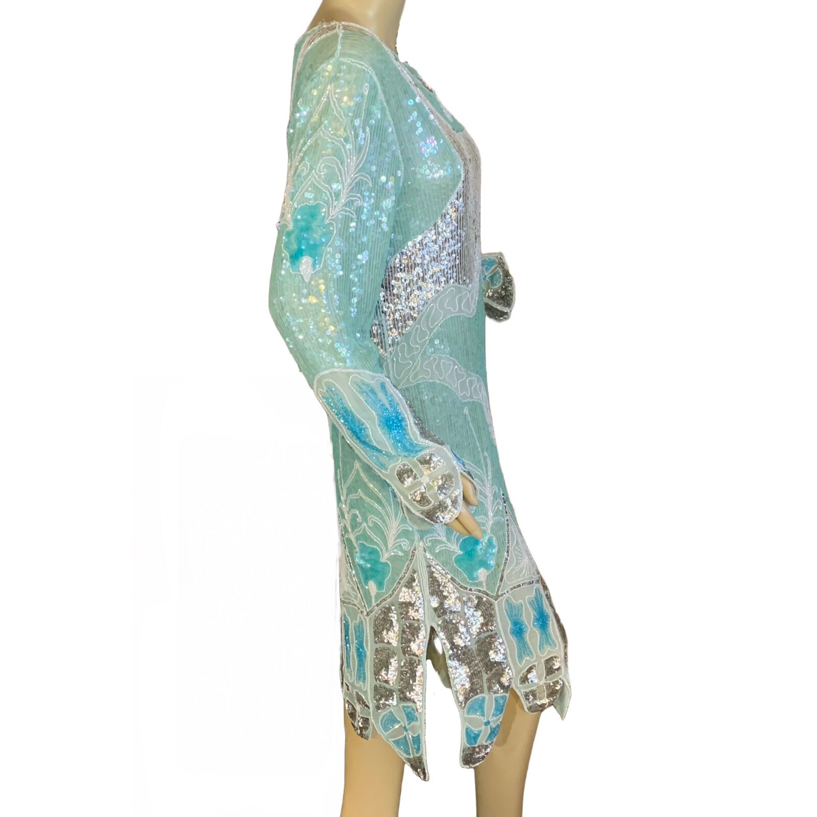 WOMEN’S VINTAGE 1980’S ZEBUN AQUA BLUE & SILVER SILK SEQUIN DRESS APPX SZ M