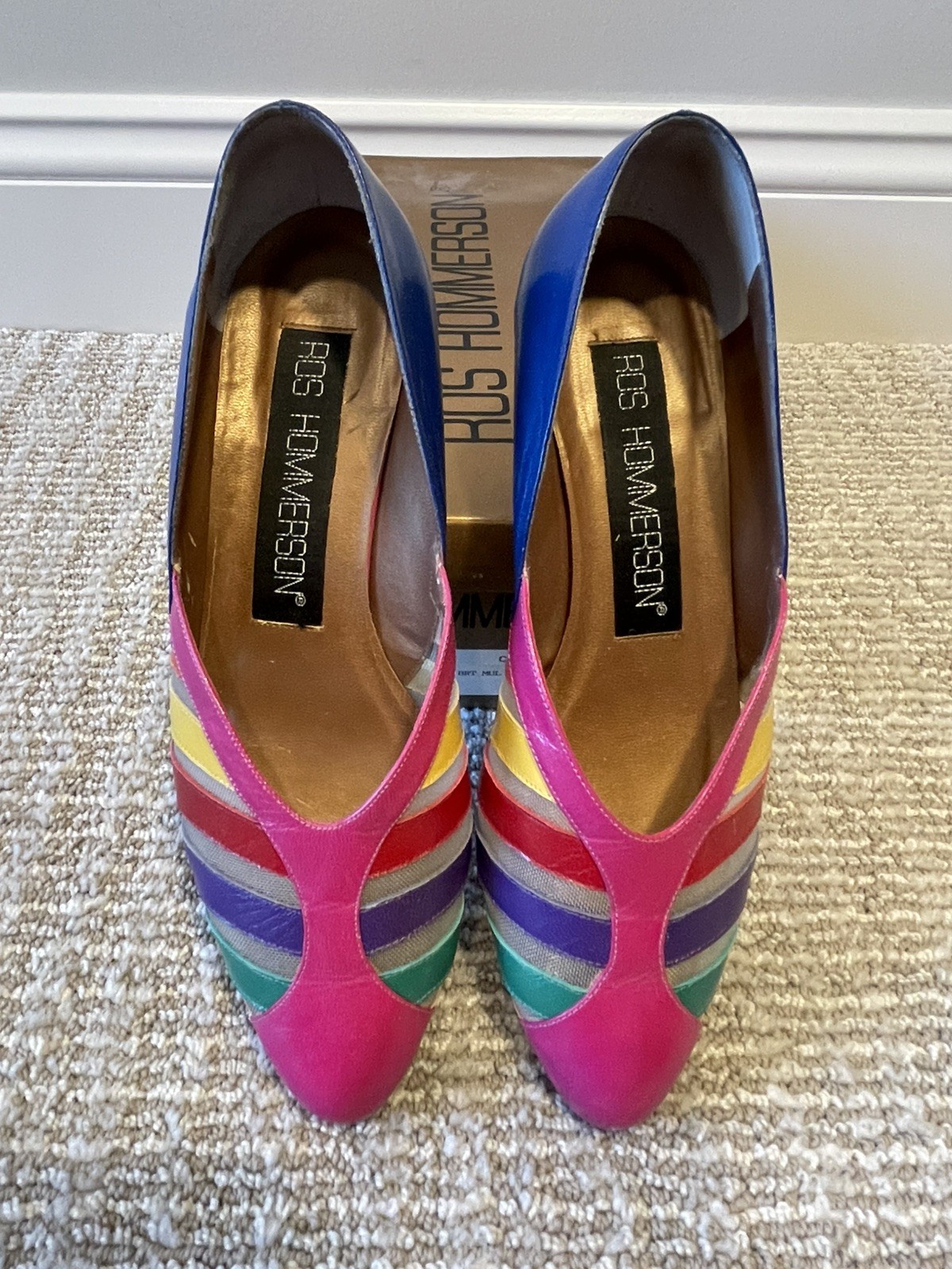 Vintage Slip On Pumps Sz 6 80s Ros Hommerson Rainbow Stripes Heels &original box