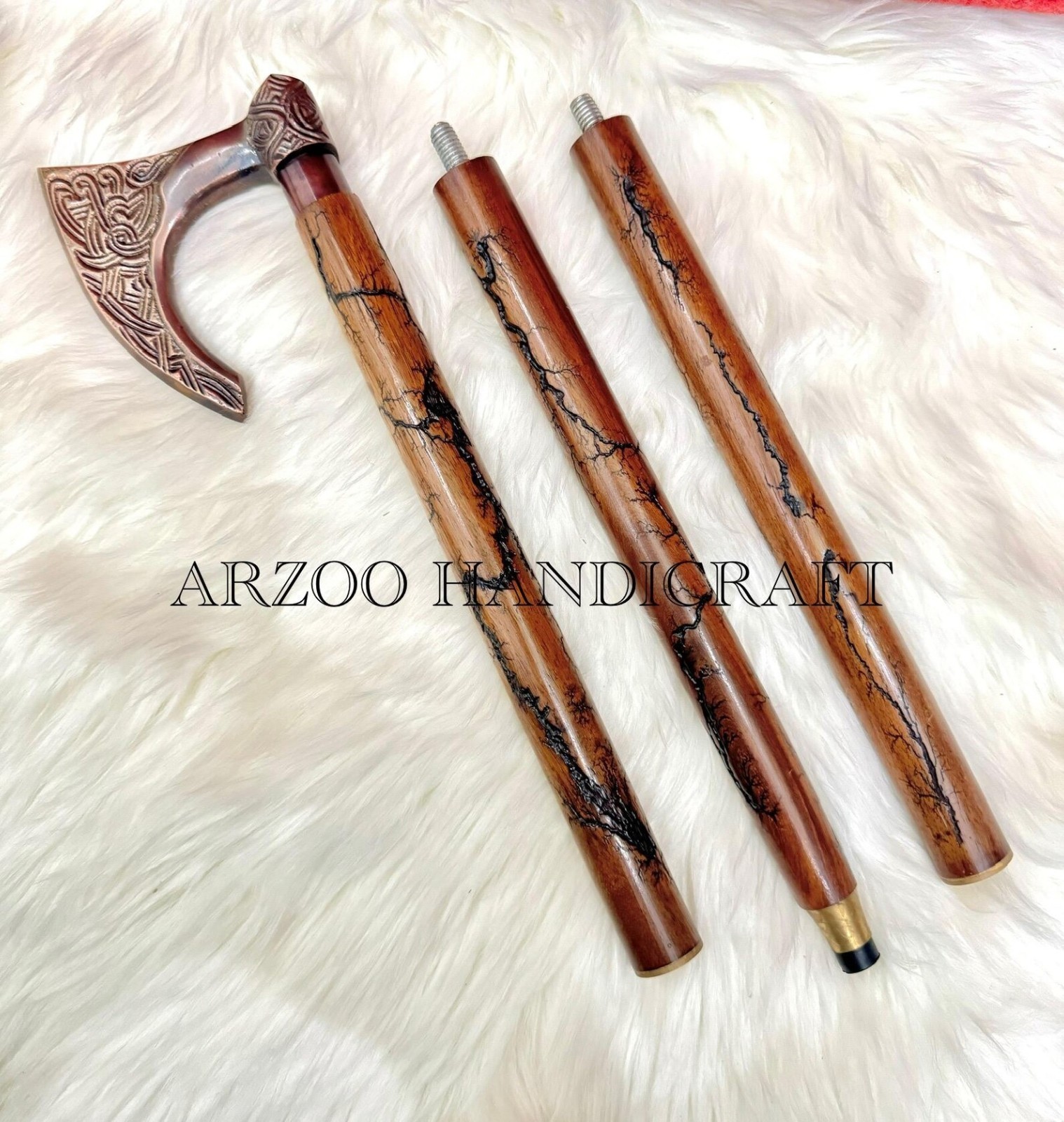 Viking Axe Head Handle 3 Fold Wooden Walking Stick Carved Cane Decor Gift Item