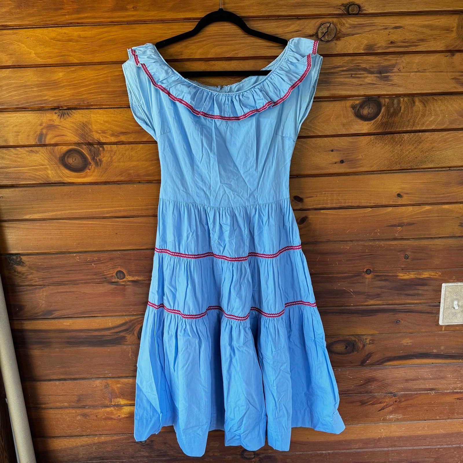 Vintage Handmade Blue Cotton Poplin Rick Rack Trim Fit & Flare Dress XS