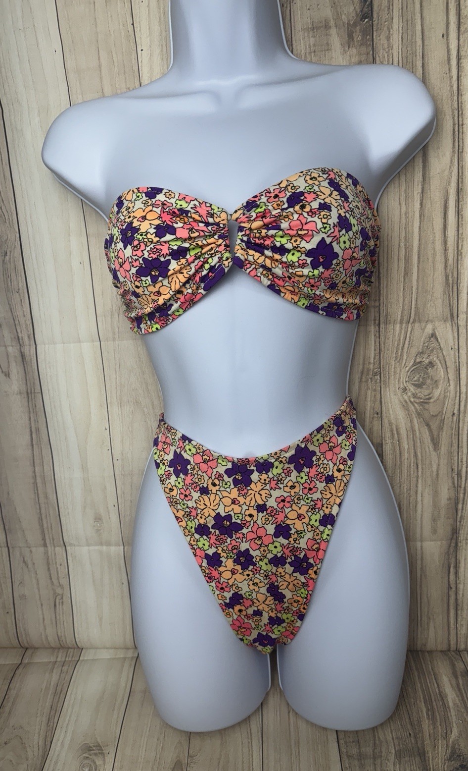 VTG Raisins Floral Bikini Large 9-11 Made In USA 90s Bandeau High Cut Strapless