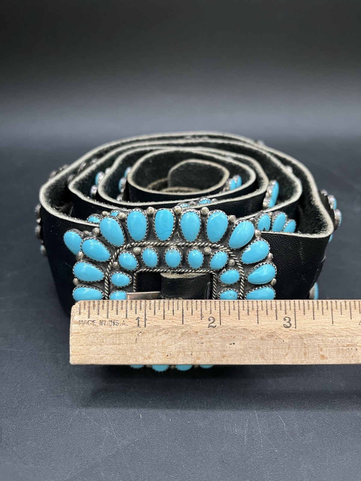 Vintage Sterling Silver and Turquoise Concho Black Leather Belt Buckle Hallmark