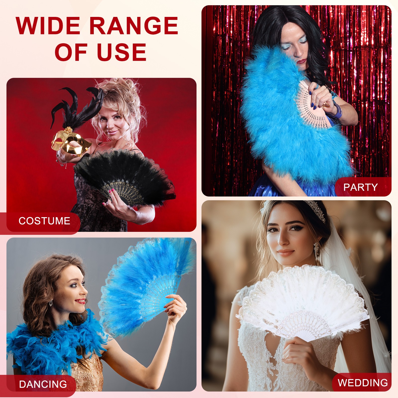 Embroidered Flower Marabou Feather Fan compatible with Costume Party, Black