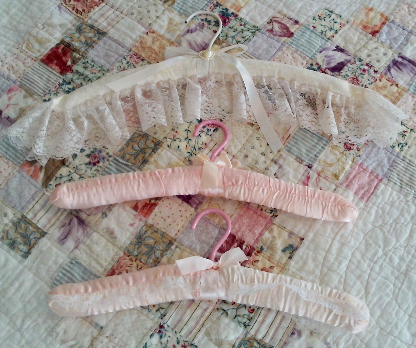 Vintage Satin & Lace Padded 15″ Decorative Clothes Hangers Set of 3