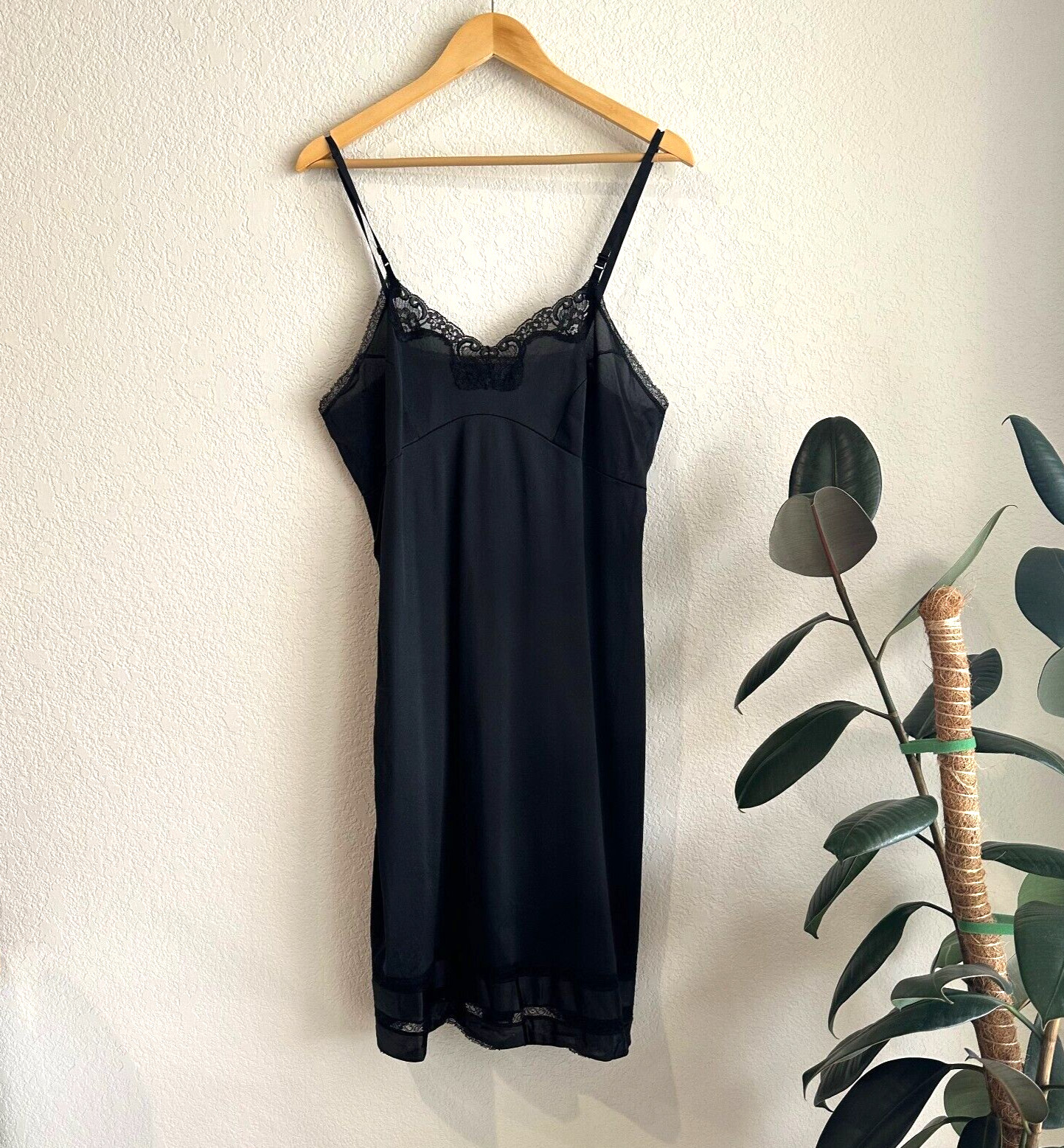 Vintage Womens Adonna Black Slip Dress 40/M Satin/Lace Lingerie Union Made USA