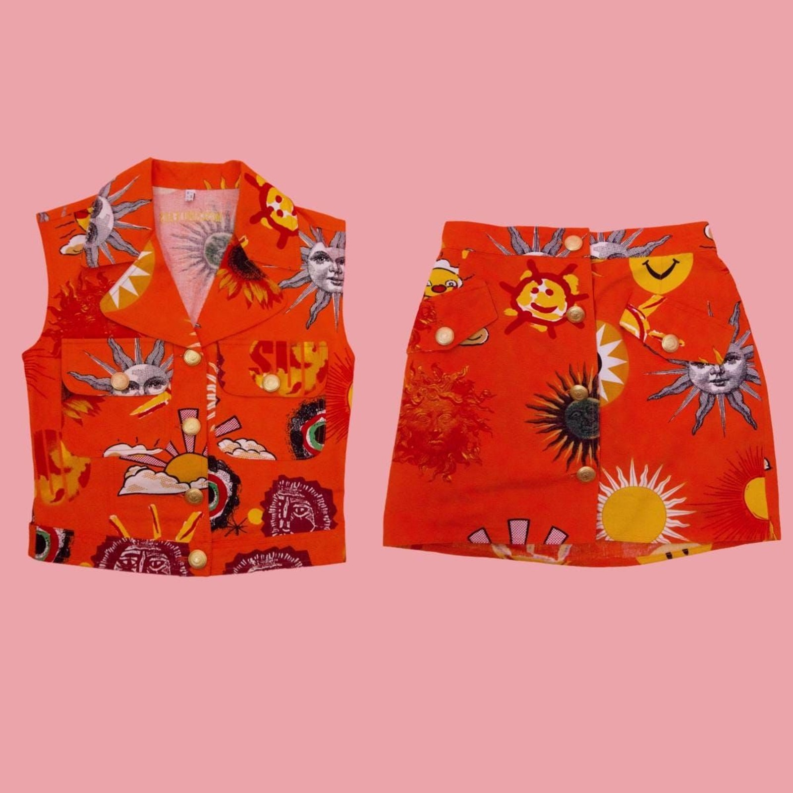 1990s MOSCHINO JEANS Orange Sun Print Cotton Vest & Skirt Set (XS)