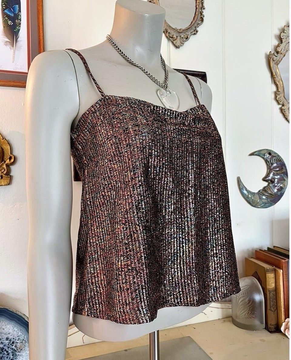 VTG 70s Disco Metallic Rainbow Cami shimmery cropped party studio 54 tank Top L