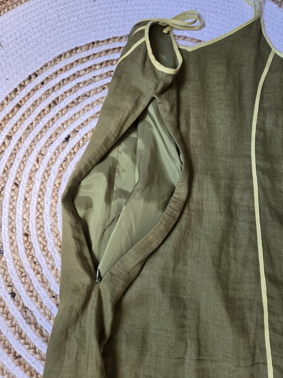 Vintage 90s Linen Blend Olive Green Mini Dress Minimalist Panel Contrast Trim