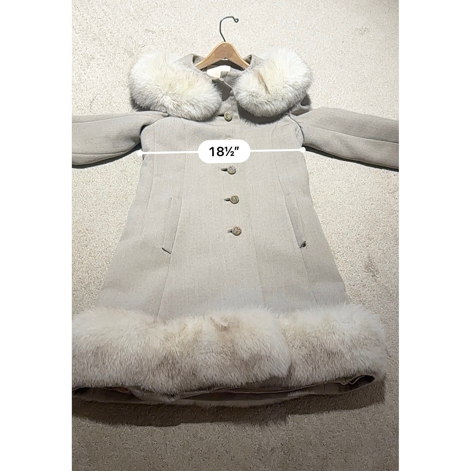 Vintage Saks Fifth Avenue Wool Coat Fur Trim Collar Hem Gold Button Taupe Grey