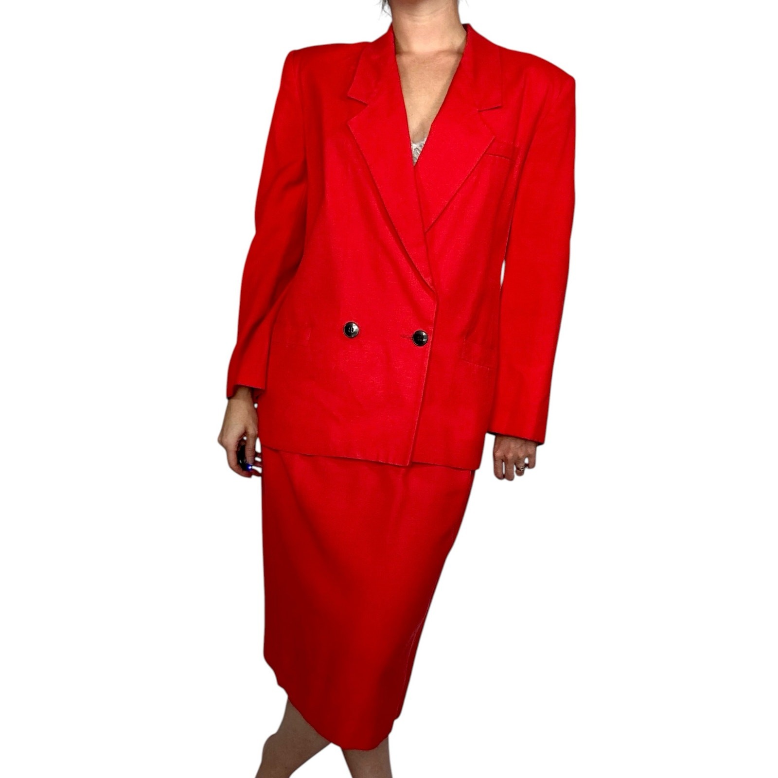 Vintage Christian Dior The Suit Red Rayon Skirt Suit Set 1990s Double Breasted
