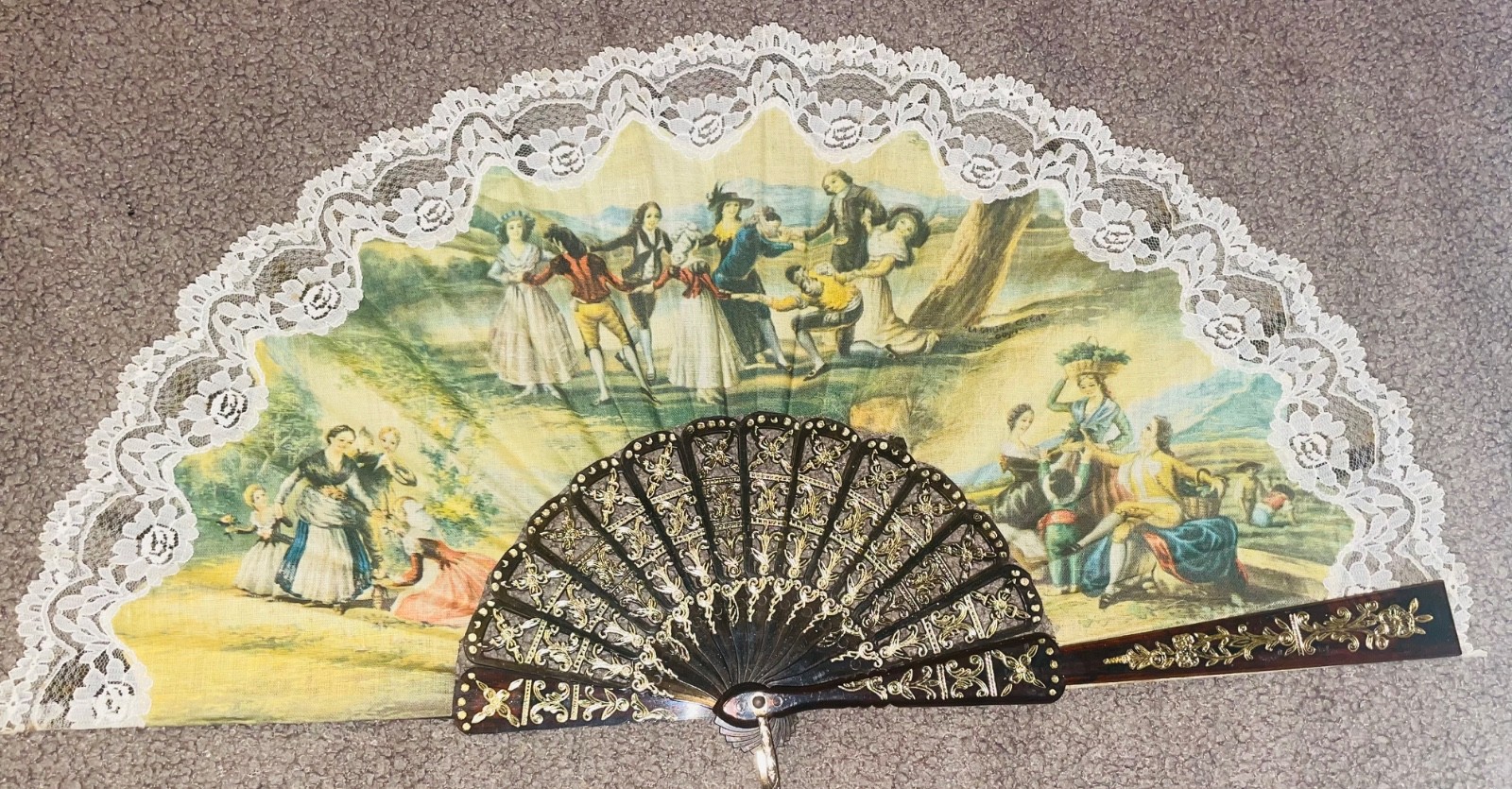 Vintage Spanish Folding Hand Fan Abanico Goya La Gallina Ciega Lace Faux Tortois