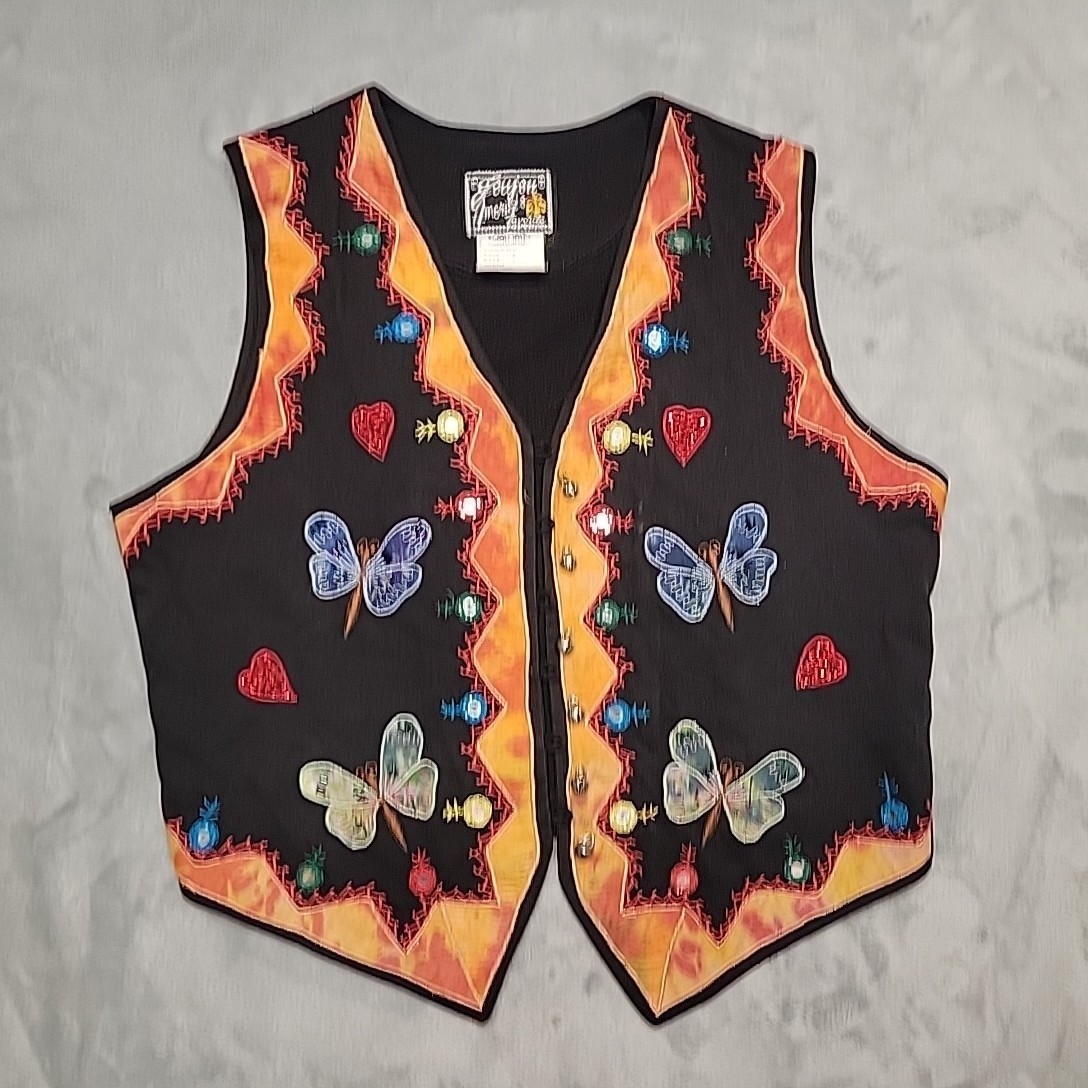 Vintage Joujou Vest Womens Medium Black Butterfly Heart Embroidered Mirror Retro