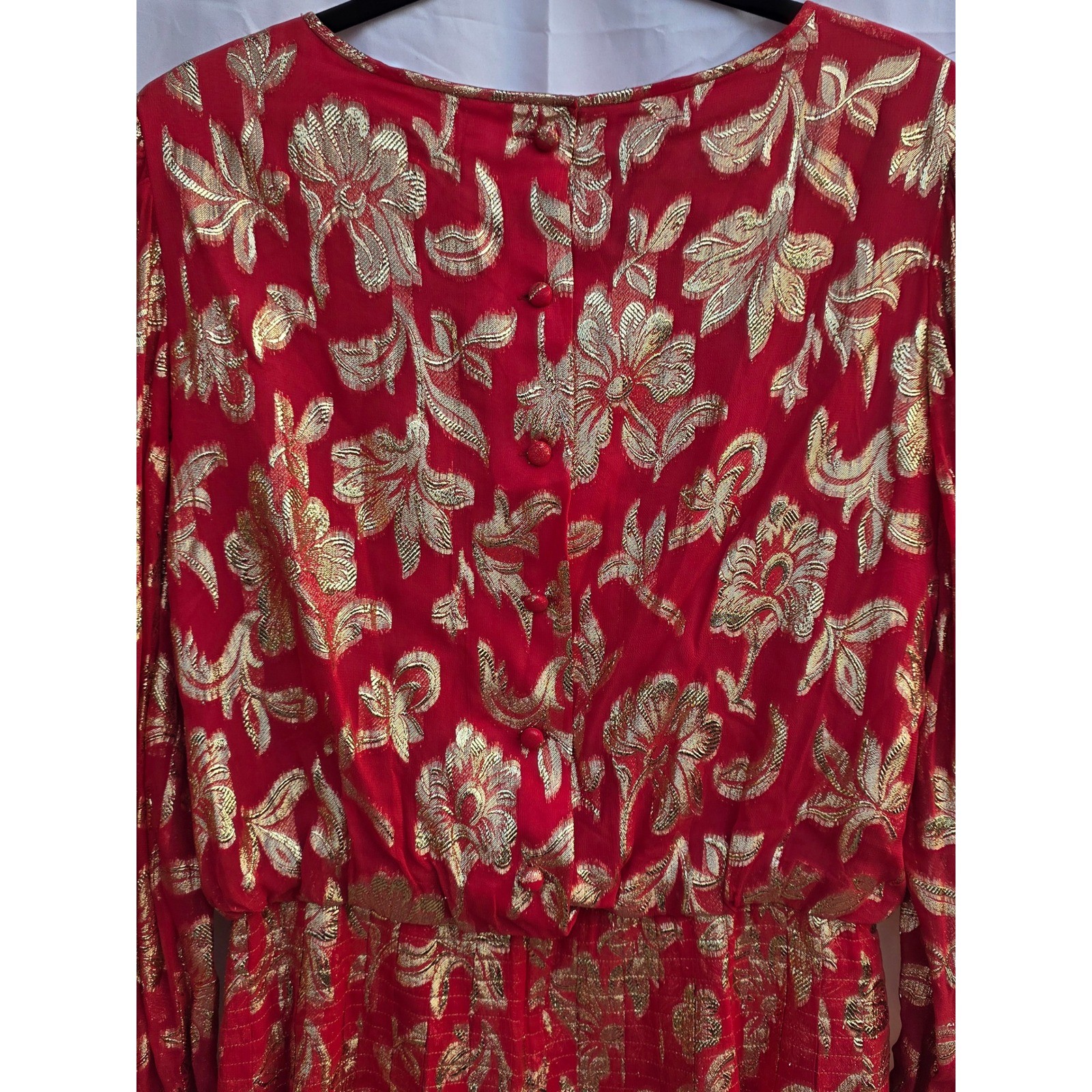 Vintage Raul Blanco Red Gold Metallic Floral Pleated Maxi Dress Evening Gown 12