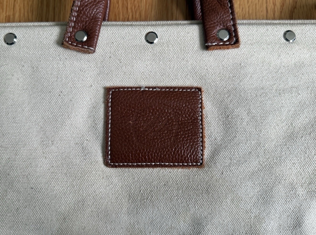 Canvas Leather Box Style Bag Beige Brown Large Handles Vintage Shoulder Tote