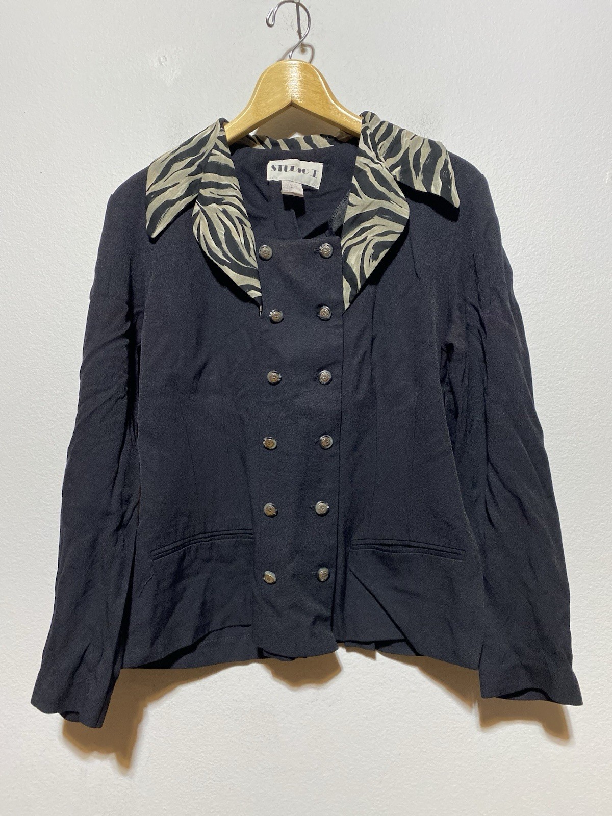 Vintage Studio I Size 12 Black w/Animal Print Collar Double Breasted Jacket