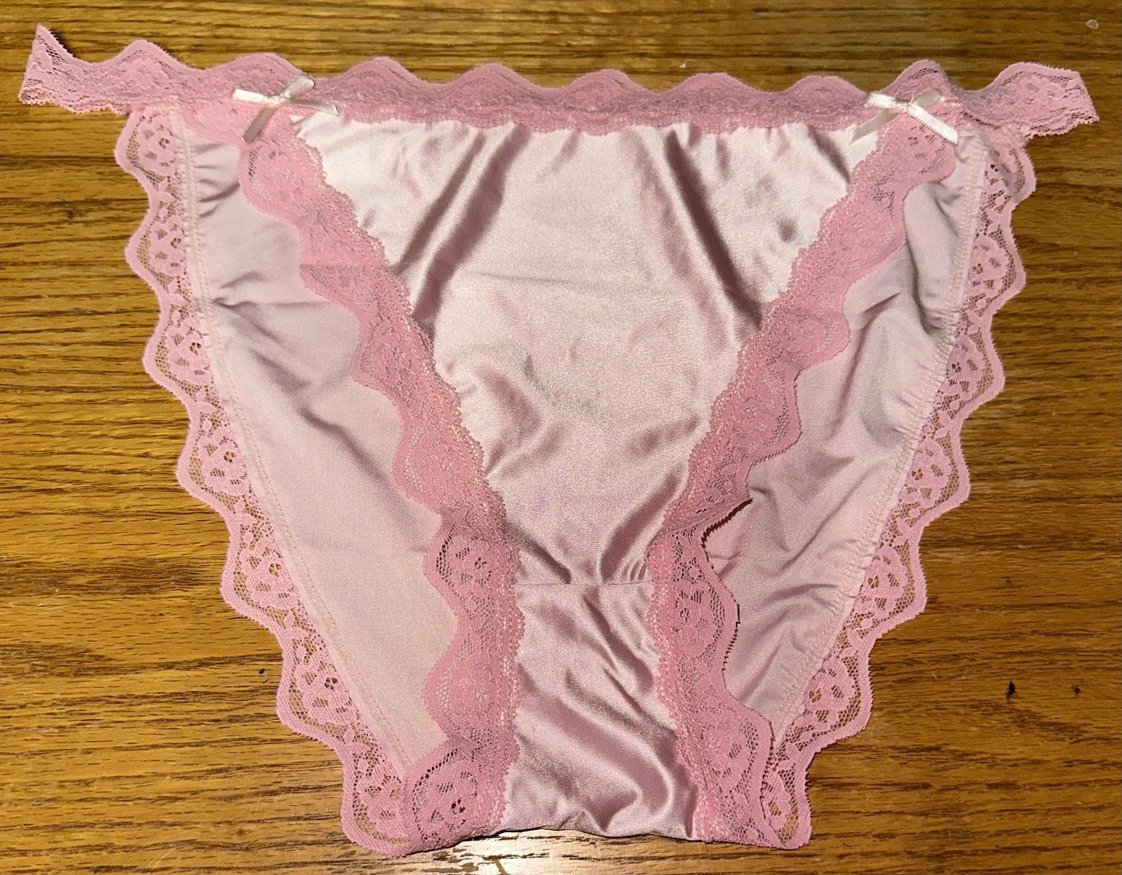 Glossy Pink 2nd Skin Satin & Lace Buttery Soft String Bikini Pantie XL NEW