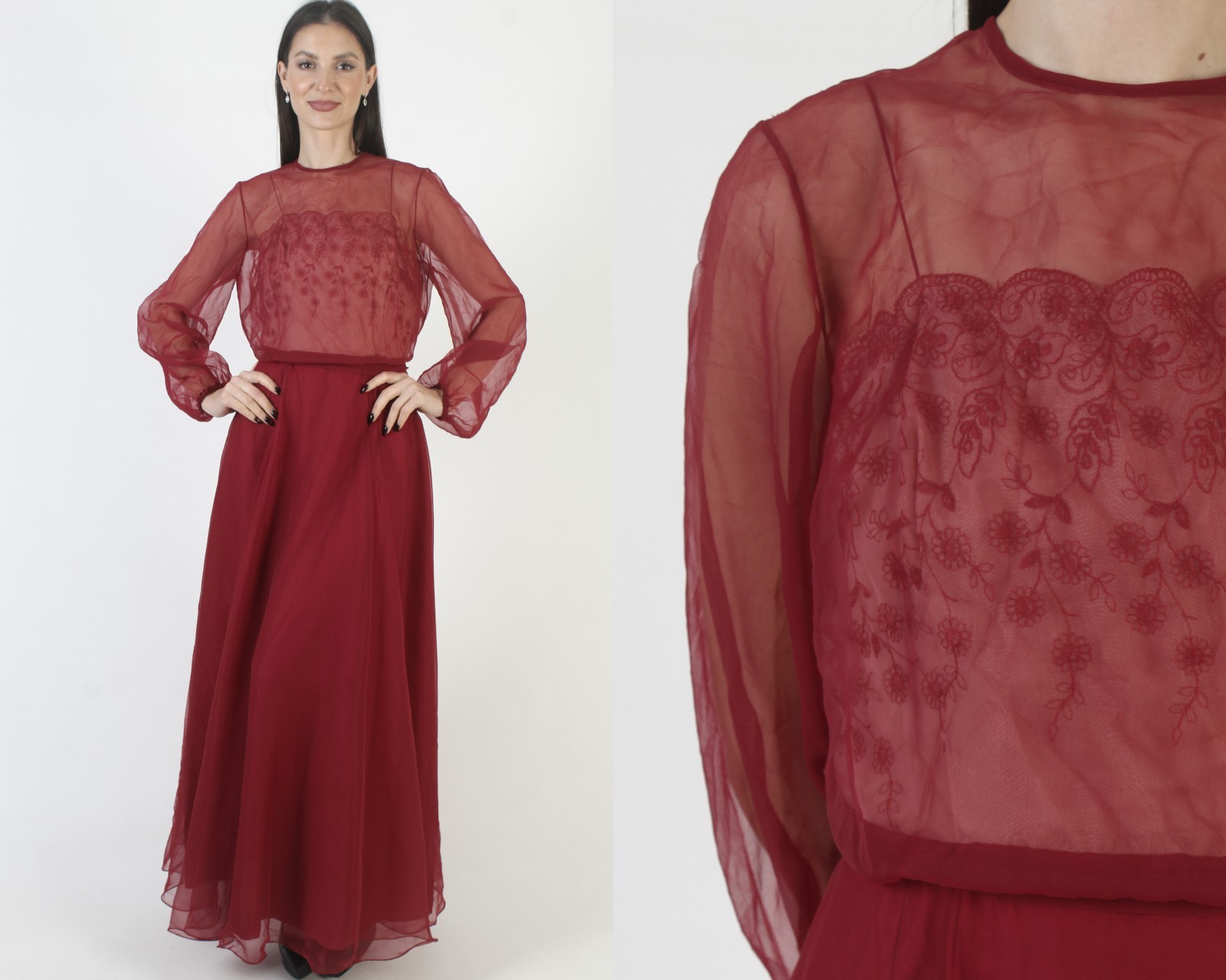 Vtg Bugundy Miss Elliette Chiffon Dress Belted Embroidered Sheer Cocktail Gown
