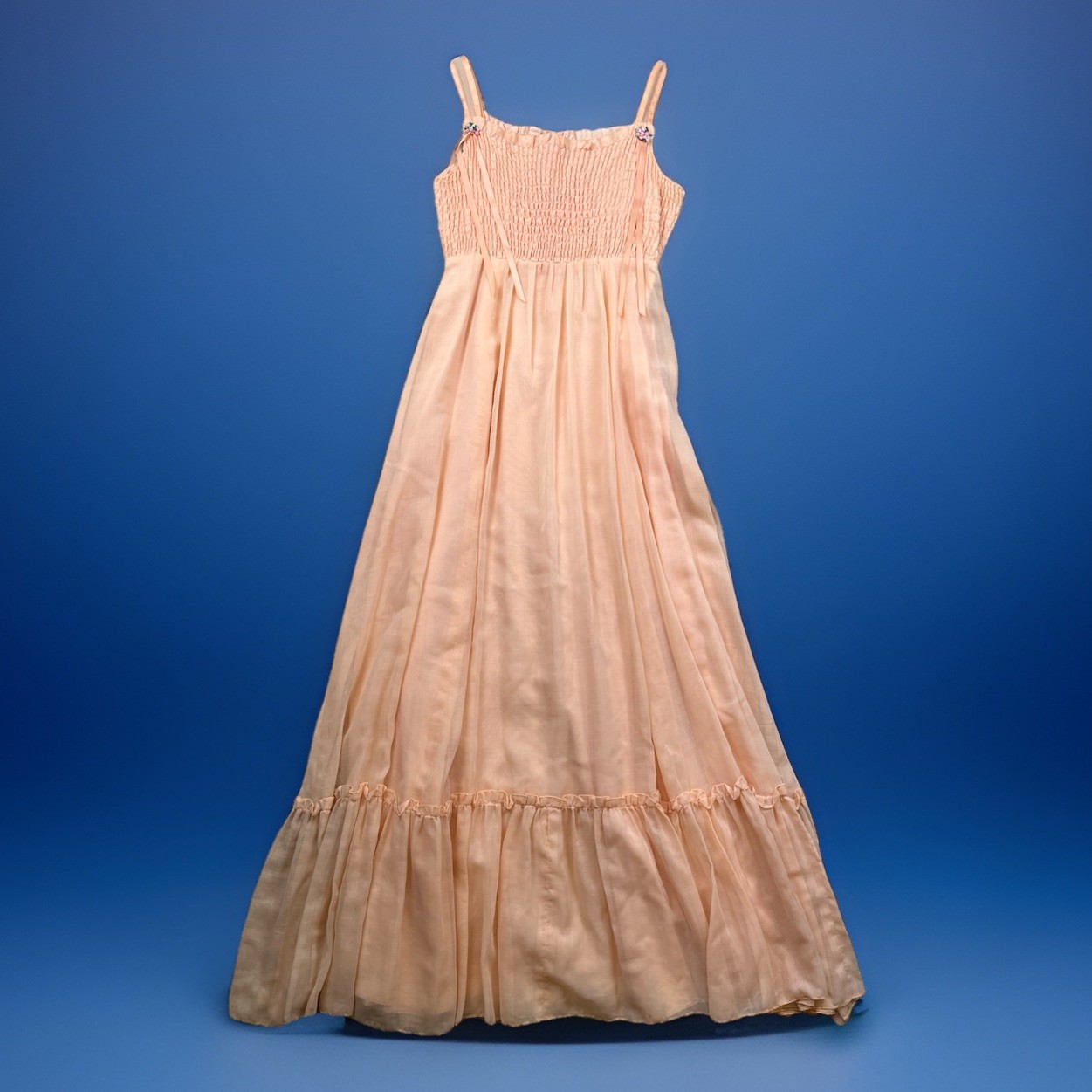 VTG Phase II Dress Sz XS/ S Pink Coral Smocked Floral Maxi Prairie Sundress 70’s