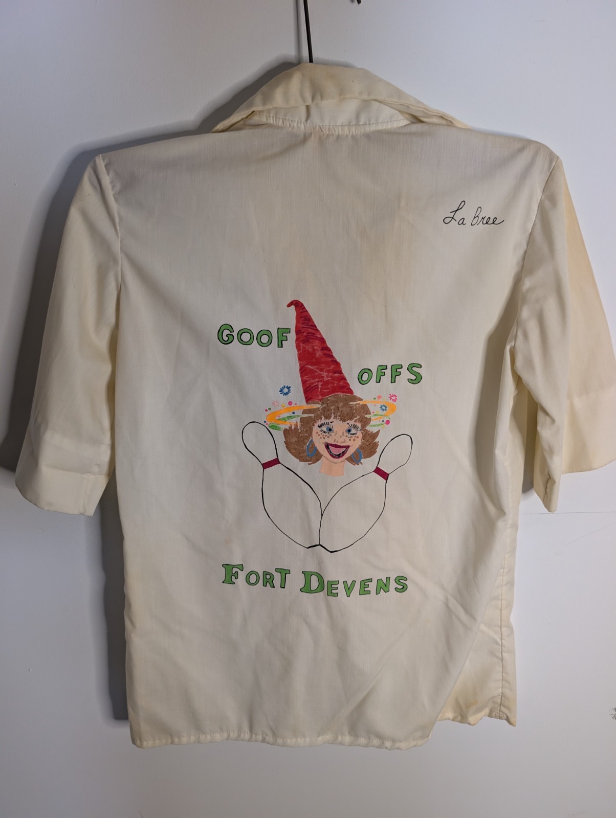 VTG 60s Fort Devens Bowling Shirt Sears Perma Prest Hand Painted “Goof Offs”
