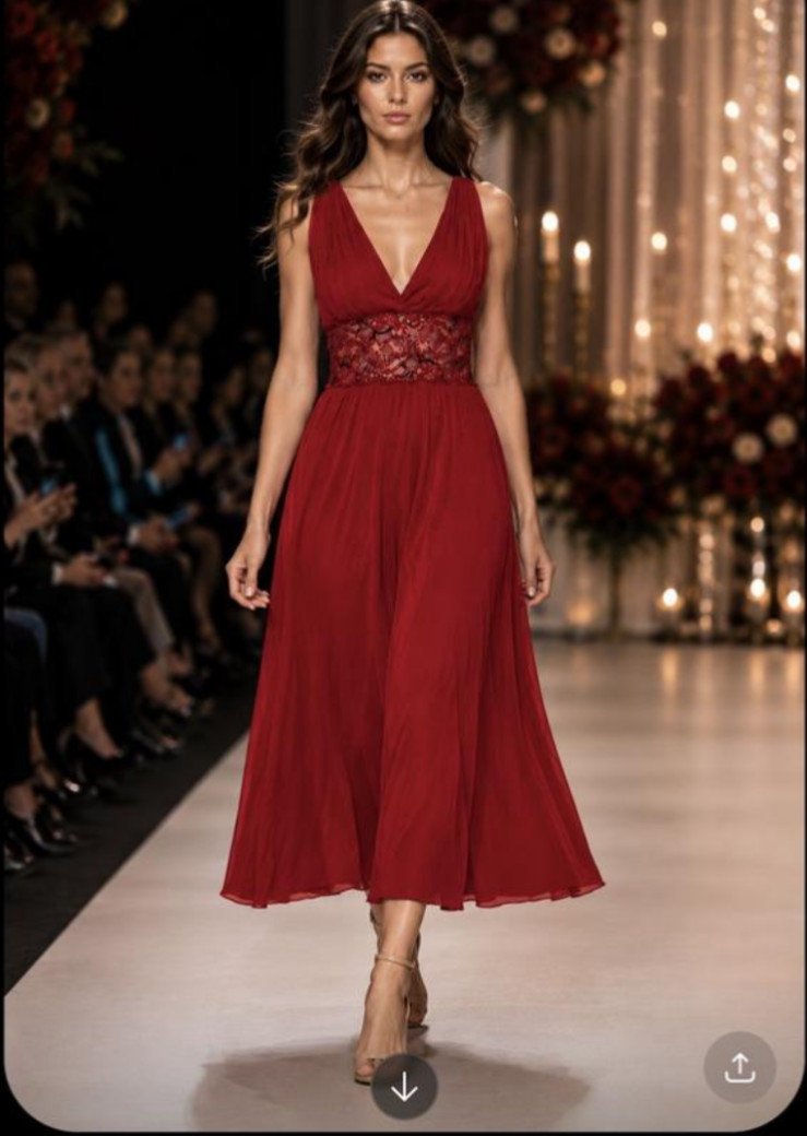 Vintage Red Maxi Dress Lace Waist Deep V-Neck Evening Party Prom Sundress S/M