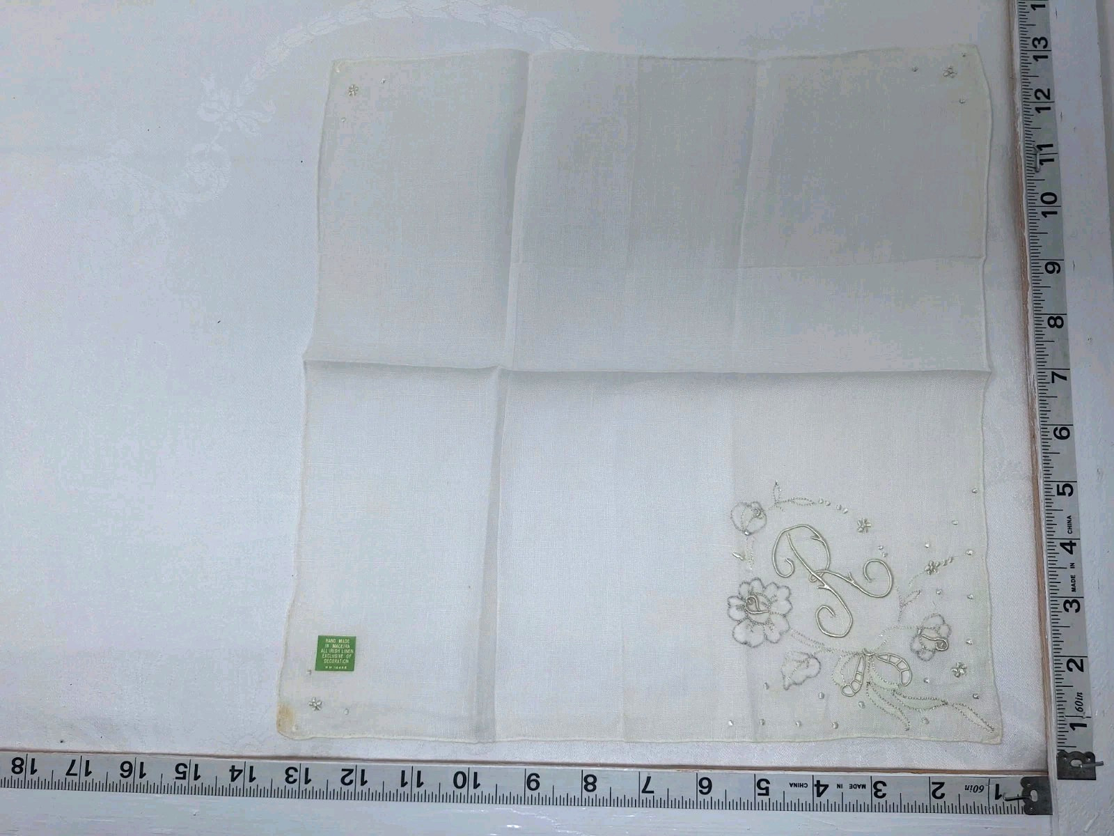 Monogram White on White Corner Madeira Letter R Hand Rolled Linen Hankie FREE