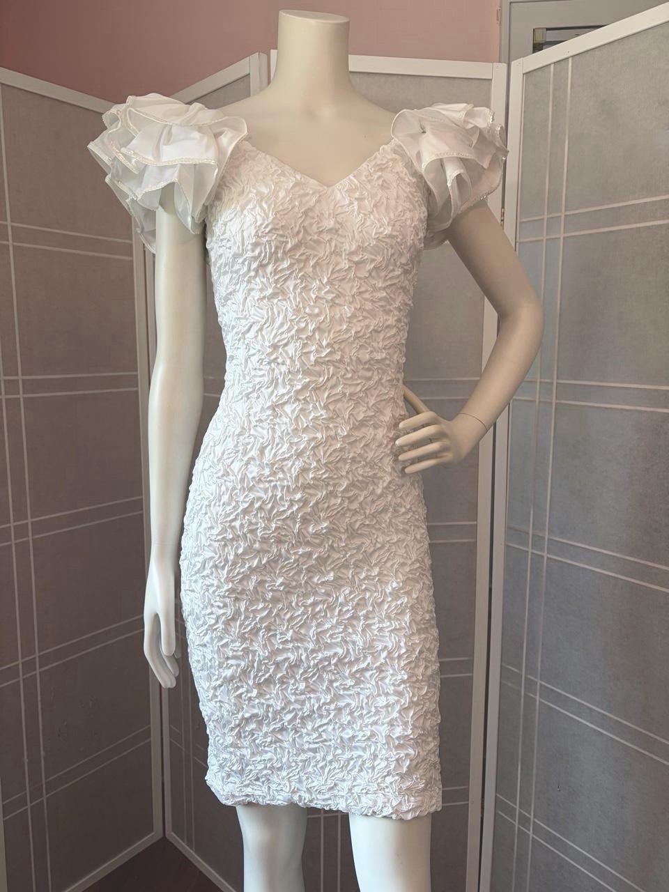 NWT VTG 80s 90s Bridal Formal Prom White Mini Dress crinkle ruffles sequin XS S