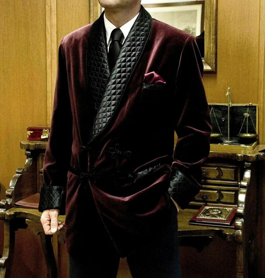 Men Vintage Velvet Smoking Suits Jacket Robe Shawl Lapel Tuxedo Blazer Tailored