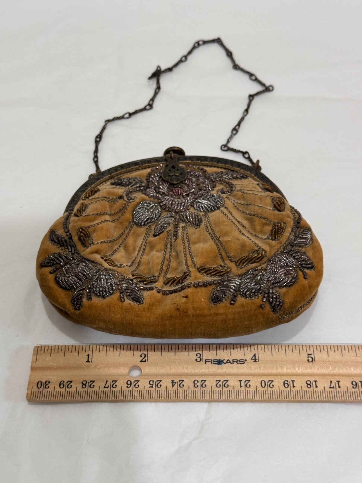 Antique 1920s German Steel Beaded Velvet Purse Ornate Brass Frame Art Nouveau