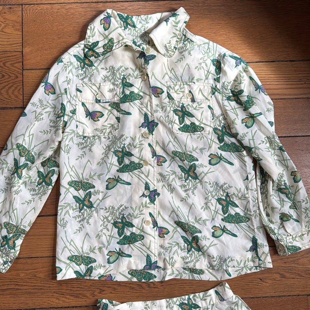 Vintage 2 Piece Butterfly Print Skirt Blouse Dress Button Up Size 6 Novelty