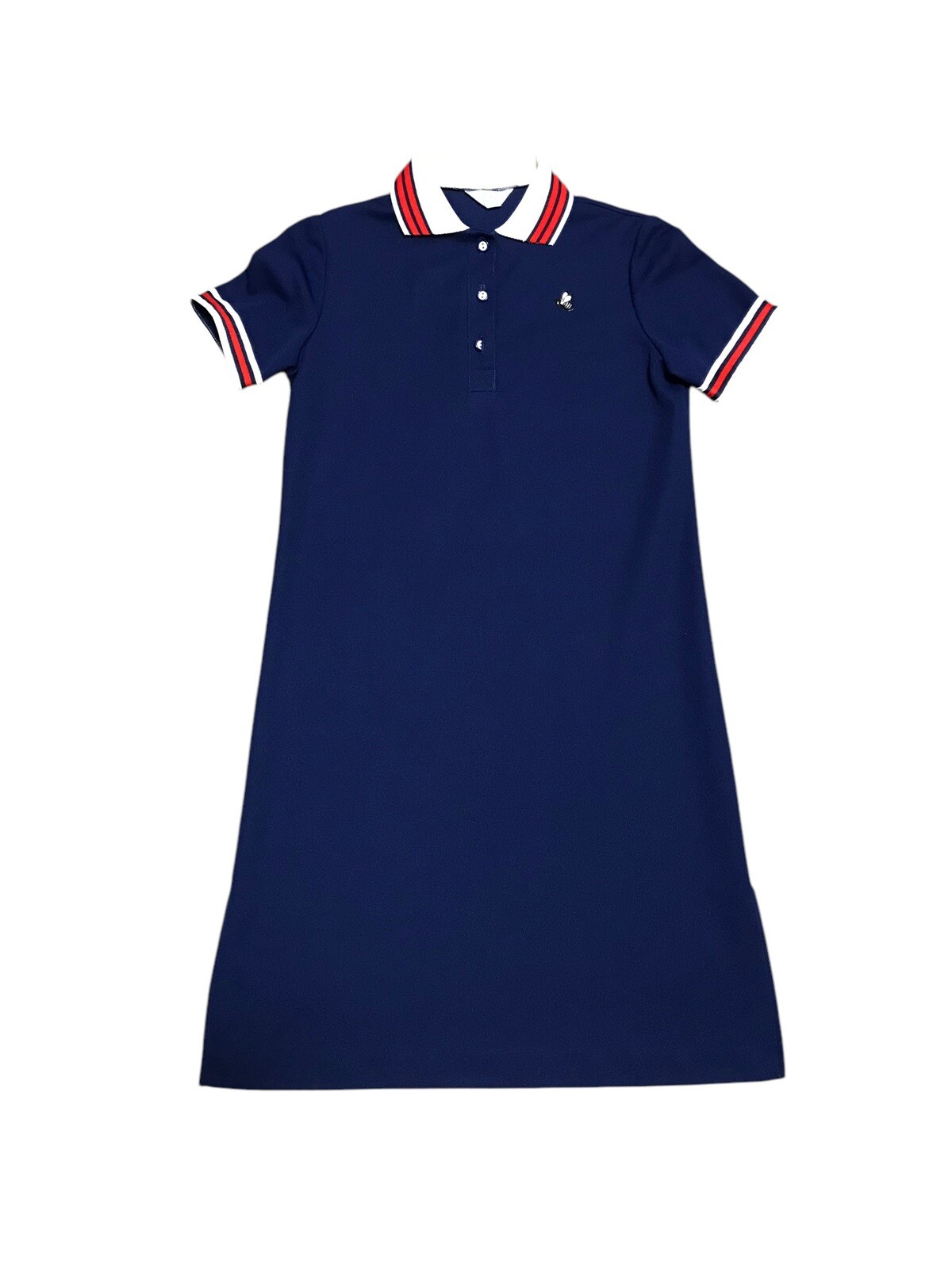 Sears Vintage Polyester Short Sleeve Day Dress Bee Embroidered Navy Blue Medium